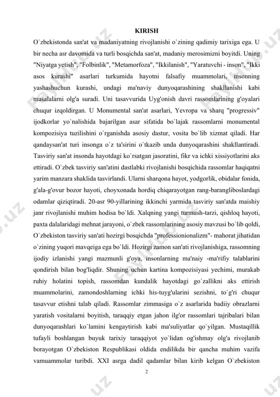 q chiqarayotgan rang-barangliboslardagi odamlar qiziqtiradi. 20-asr 90-yillarining ikkinchi yarmida tasviriy san'atda maishiy janr rivojlanishi muhim hodisa bo`ldi. xalqning yangi turmush-tarzi, qishloq hayoti, paxta dalalaridagi mehnat jarayoni, o`zbek rassomlarining asosiy mavzusi bo`lib qoldi, o`zbekiston tasviriy san'ati hozirgi bosqichda "professionionalizm"- mahorat jihatidan o`zining yuqori mavqeiga ega bo`ldi. hozirgi zamon san'ati rivojlanishiga, rassomning ijodiy izlanishi yangi mazmunli g'oya, insonlarning ma'naiy -ma'rifiy talablarini qondirish bilan bog'liqdir. shuning uchun kartina kompozisiyasi yechimi, murakab ruhiy holatini topish, rassomdan kundalik hayotdagi go`zallikni aks ettirish muammolarini, zamondoshlarning ichki his-tuyg'ularini sezishni, to`g'ri chuqur tasavvur etishni talab qiladi. rassomlar zimmasiga o`z asarlarida badiiy obrazlarni yaratish vositalarni boyitish, taraqqiy etgan jahon ilg'or rassomlari tajribalari bilan dunyoqarashlari ko`lamini kengaytirish kabi ma'suliyatlar qo`yilgan. mustaqillik tufayli boshlangan buyuk tarixiy taraqqiyot yo`lidan og'ishmay olg'a rivojlanib borayotgan o`zbekiston respublikasi oldida endilikda bir qancha muhim vazifa vamuammolar turibdi. xxi asrga dadil qadamlar bilan kirib kelgan o`zbekiston respublikasining kelajagi ilm-fan, ta'limtarbiya taraqqiyoti bilan bevosita bog'liqdir. 1997-yilda qabul qilingan …