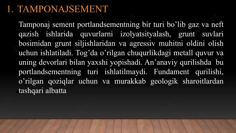 umlar uchun portlandsement texnik ko’rstagichlar- c3a 3-9%gacha, c2s esa 56% dan kam emas. cao bog’lanmaga calsiy oksidi massa og’irligi bo’yicha 1% dan ko’p emas, mgo magniy oksidi klinkerda 5%dan dam ko’p emas. qotishni boshqarish uchun gips, gips angidritishlatiladi. fizik mexanik ko’rsatgichlari. mustahkamlik klassi 32.5, 42.5b bo’ladi. 1-si 32.5-52.5mpa mustahkamligi, 2-siniki 42.5-62.5 mpa bo’lib tutishni boshlanishi 1.5-6 daqiqagacha boshlanadi. xulosa xulosa qilib aytish mumkinki tamponajsementar, yo’l qurilish uchun sementlar ishlatilayotganligiga qaramay bu sement turlarini yanada mukammall qilish kerak va xrizotilsement buyumlar sementini ayniqsa rivojlantirishga moyil deb hisoblayman foydalanilgan adabiyotlar ro’yxati. https://udarnik.spb.ru/articles/vse-o-cemente/tamponazhnyj-cement гост33902-2022 гост 54224-2020 e’tiboringiz uchun rahmat image3.png image4.png image5.png image6.jpg image7.png image8.png image9.png image10.png image11.png image1.jpg