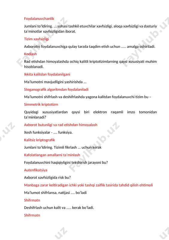 i tashkilot aktivi yoki boshqaruv tizmidagi nuqson a5/1 shifri bu – oqimli shifr jumlani to‘ldiring. .... shifrlar tasodifiy ketma-ketliklarni generatsiyalashga asoslanadi. oqimli jumlani to‘ldiring. ... kompyuter davriga tegishli shifrlarga misol bo‘la oladi. des, aes shifri faqat ma’lumotni butunligini ta’minlovchi kriptotizimlarni ko‘rsating. mac(xabarlarni autenfikatsiya kodlari) tizimlari qaysi ochiq kalitli algoritm katta sonni faktorlash muammosiga asoslanadi? rsa algoritmi ..... axborotni ifodalash uchun foydalaniladigan chekli sondagi belgilar to‘plami. alifbo 51-100 biba modeli axborotni qaysi xususiyatini ta’minlashni maqsad qiladi? butunlik qaysi usul ob’ektlar va sub’ektlarni klassifikatsiyalashga asoslangan? mandatli foydalanishni boshqarish yo‘qolgan holatda almashtirish qaysi turdagi autentifikatsiya usuli uchun eng arzon. parolga asoslangan autentifikatsiya parolga asoslangan autentifikatsiya usulining asosiy kamchiligini ko‘rsating? esda saqlash zaruriyati o‘zini yaxshi va foydali dasturiy vosita sifatida ko‘rsatuvchi zararli dastur turi bu? troyan otlari qoida, siyosat, qoida va siyosatni mujassamlashtirgan algoritmlar, majburiyatlar va maslahatlar kabi tushunchalar qaysi foydalanishni boshqarish usuliga aloqador. attributga asoslangan foydalanishni boshqarish ip manzilni domen nomlariga yoki aksincha …
