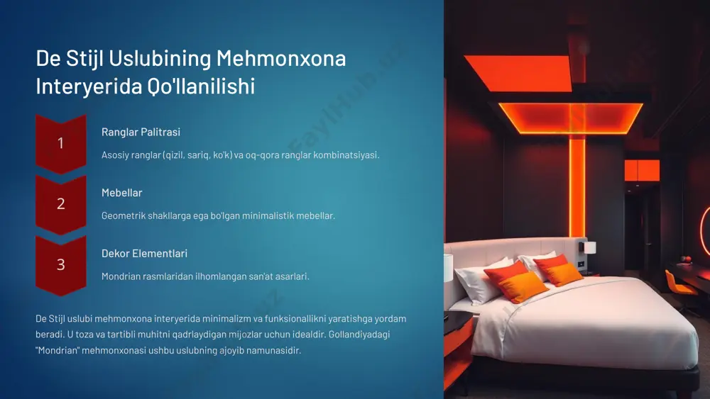 m beradi. 8 mehmonxona interyerini loyihalashda maslahatlar maqsadni hisobga oling mehmonxonaning maqsadini va mijozlarning xohishlarini hisobga oling. arxitekturani inobatga oling uslubni tanlashda binoning arxitekturasi va joylashuvini inobatga oling. mutaxassislar bilan hamkorlik muvaffaqiyatli dizayn uchun mutaxassislar bilan hamkorlik qiling. mehmonxona interyerini loyihalash - bu murakkab jarayon. to'g'ri uslubni tanlash, binoning arxitekturasini inobatga olish va mutaxassislar bilan hamkorlik qilish muvaffaqiyatli dizaynning kalitidir. 9 xulosa 3 asosiy uslublar de stijl, organik dizayn va pop-art - mashhur va qiziqarli uslublar. ∞ imkoniyatlar zamonaviy interyer uslublari mehmonxonani yanada jozibador qiladi. ushbu taqdimotda biz mehmonxonalarda qo'llaniladigan zamonaviy interyer uslublari haqida ma'lumot berdik. siz de stijl, organik dizayn va pop-art uslublarining asosiy xususiyatlari bilan tanishdingiz. 10 image6.png image7.png image8.png image9.png image10.png image11.png image12.png image13.png image14.png image15.png image16.png image17.png image18.png image19.png image20.png image21.png image2.png image3.png image4.png image5.png