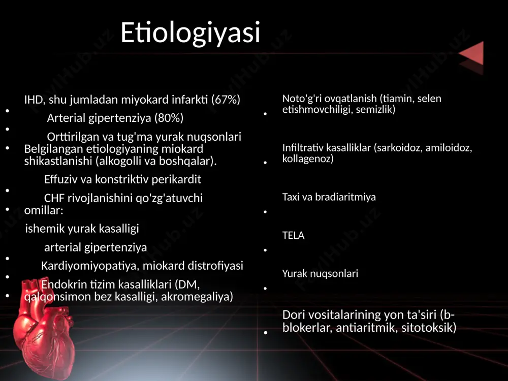 ishi va yo'tal retseptorlarining tirnash xususiyati tufayli); og'ir holatlarda, ko'p miqdorda ko'pikli, pushti balg'am bilan nam yo'tal (o'pka shishi rivojlanishi bilan) bo'lishi mumkin. - periferik shish - dastlab oyoq va oyoqlarda engil pastlik va mahalliy shish paydo bo'ladi, asosan kechqurun, ertalab shish yo'qoladi; chf o'sib borishi bilan shish keng tarqalgan bo'lib, nafaqat oyoqlarda, to'piqlarda, oyoqlarda, balki sonlarda, skrotumda, qorin old devorida, lomber mintaqada ham lokalizatsiya qilinadi; o'ta og'ir darajadagi shish sindromi - anasarka - astsit va gidrotoraks bilan massiv, keng tarqalgan shish obyektiv a) tekshirish: - bemorlarning oyoqlarini pastga tushirgan holda majburiy o'tirish yoki yarim o'tirish holati yoki baland boshcha bilan gorizontal holatda- ekstremitalarning distal qismlarida, lablarda, burun uchida, aurikulalarda, subungual bo'shliqlarda eng aniq ifodalangan terining va ko'rinadigan shilliq pardalarning akrosiyanozi, ekstremita terisining sovishi, terining trofik buzilishlari ( quruqlik, peeling) va tirnoqlar (mo'rtlik, xiralik) (periferik to'qimalarning perfuziyasining pasayishi, to'qimalar tomonidan kislorodning kuchayishi va gemoglobinning pasayishi tufayli) - periferik shish (astsit …