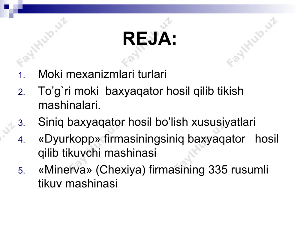 uchun turli kiyimlar ust va ich kiyimlar tikishda undan keng foydalaniladi. moki bahyaqator hosil qilishga sarflanadigan ipni aniqlashda o’rta hisobda 1,2-1,7 ga teng bo’lgan ishlatish koeffistenti hisobga olinadi. chunonchi, ishlatish koeffistienti 1,3 ga teng bo’lganda, uzunligi 10 sm bo’lgan chokka ustki ipdan 13 sm va ostki ipdan 13 sm sarflanadi. ishlatish koeffistentini bahya yirikligiga, tikiladigan gazlama xususiyati va qalinligiga, ipning taranglik darajasiga va boshqa omillariga bog`liq bo’ladi. "tekstima" (germaniya) yengil sanoat mashinasozlik birlashmasining tikuv mashinalari. "tekstima" (germaniya) yengil mashinasozlik birlashmasining 8332 rusumli tikuv mashinasi ich kiyimlik, kostyumbop, paltobop gazlamalarni bitta moki bahyaqator yuritib tikishga mo’ljallangan. shu mashina asosida birlashma 100 dan ortiq variantdagi mashinalar ishlab chiqaradi. shulardan eng ko’p qo’llaniladigan mashinalar texnik ko’rsatkichlari 4 – jadvalda keltirilgan. ip taqish. ustki ipni g`altak 1 dan (47-rasm) yuqoridan pastga g`altak tayanchining ilgagidan o’tkazib, plastinasimon ip yo’naltirgich 5 ning uchta teshigidan, chapga ikkinchi plastinasimon ip yo’naltirgich 6 ning uchta teshigidan o’tkaziladi, yuqoridan pastga …