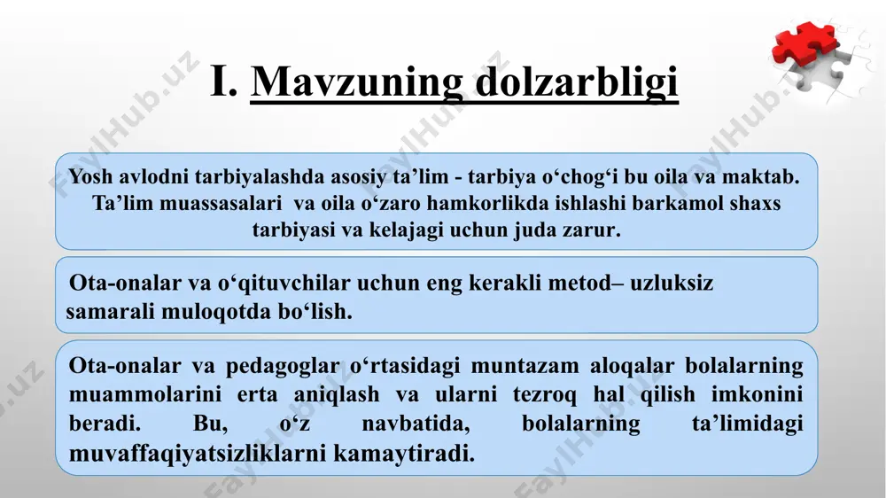 lq ta’limi tizimida boshqarish tizimini takomillashtirish bo‘yicha qo‘shimcha chora-tadbirlar to‘g‘risidag” gi 5538-sonli farmoni 2008.09.05. 3.http://www.lex.uz 4. http://www.ziyonet.uz 4 iii. mavzuning maqsadi hamkorlik munosobatlarini rivojlantirish orqali ta’lim sifati va samaradorligini oshirish. pedagoglar va ota-onalarning hamkorligini samarali tashkil qilish uchun maktab rahbari o‘qituvchi,o‘quvchilar faoliyatini rag‘batlantirish ishlarini rivojlantirish juda muhimdir. prezidentimiz amalga oshirayotgan hech kimdan kam bo‘lmagan, yuksak ma’naviyatli avlodni voyaga yetkazish yo‘lidagi keng ko‘lamli ishlarda oila, mahalla va ta’lim muassasalari hamkorligining ahamiyati kattadir. ta’lim va tarbiyaning uyg‘unlikda olib borilishi mustaqil fikrli, barkamol yoshlarni ulg‘aytirishda asosiy omil bo‘lib xizmat qiladi. 5 iv. mavzu yuzasidan vazifalar ota –onalarni maktab hayotida ishtirok etishga jalb qilish. oila va maktab: fikrlar hamjihatligi - oliy maqsadimiz ekanligini anglab yetish. bola shaxsini shakllantirishda ota-onalarning rolini hamda ota-ona, o‘qituvchi va maktabning hamkorligini kuchaytirish. v. mavzu yuzasidan xorijiy tajribalarning o‘rganilganligi kanada sinflar darajasi bo‘yicha odatiy ota-onalar konferensiyasi yo‘q. faqat ikkita uchrashuv formati mavjud: maktab bo‘ylab yig‘ilish va o‘qituvchi bilan individual uchrashuvlar. …