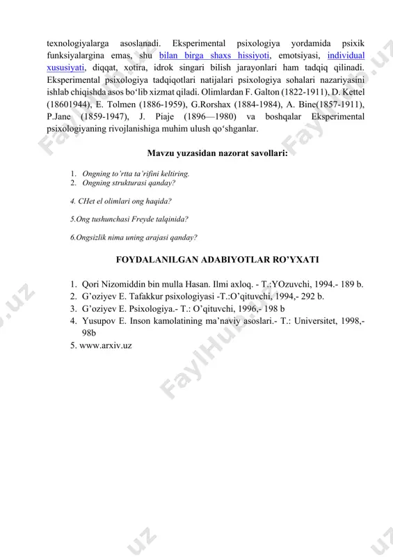 -kovning moskvadagi, keyinchalik v. m. bexterev, a. lazurskiy, a. nechayevlarning peterburgdagi, v. chijning yuryev (tartu, estoniya)dagi eksperimen-tal lab. lari psixologiya taraqqiyotiga alohida taʼsir oʻtkazdi. 1912-yil moskva universitetida psixologiya instituti ochildi. shu yilda i. a. sikorskiy tomonidan kiyevda jahonda birinchi marta bolalar psi-xologiyasi instituti tashkil qilindi. 20-asr ning 1yarmida rossiyada k. n. kornilov, psixologiya psixologiya blonskiy va boshqa dialekti-kaga asoslangan ilmiy psixologiyani yaratishga kirishdilar. hozirgi zamon psixologiyasi koʻp tarmoqli psixologik bilimlar tizimidan iborat fan hisoblanib, oʻzining tadqiqot predmetiga ega boʻlgan koʻplab sohalardan tashkil topgan: umumiy psixologiya, aviatsiya psixologiyasi, harbiy psixologiya, differensial psixologiya, psixofiziologiya, muhandislik psixologiyasi, kosmik psixologiya, huquq psixologiyasi, tibbiyot psixologiyasi, neyropsixologiya, patopsixologiya, pedagogik psixologiya, mehnat psixologiyasi, sport psixologiyasi, max-sus psixologiya, ijodiyot psixologiyasi, menejment psixologiyasi, marketing psixologiyasi, ijtimoiy psixologiya, yosh psixologiyasi, tashkiliy psixologiya, din psixologiyasi, oila psixologiyasi, psixologiya tarixi, genetik psixologiya, amaliy psixologiya, eksperimen-tal psixologiya, kasb psixologiyasi, psixolingvistika, siyosiy psixologiya va boshqa psixologiyaning tarmoqlarga ajralishining asosiy sababi uning tarkibida tatbiqiy sohalar …