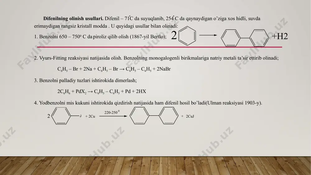 ana, 1,3-epi, 1,7-kata, 1,8-peri, 2,6-emfi, 2,7-holatlar esa – pros deyiladi; antratsen halqasidagi o’rinbosarlarning holati α-,β-, γ- bilan belgilanadi; sistematik nomenklaturaga binoan tutash benzol halqali ko’p yadroli arenlarning nomlari –en – qo’shimchasiga ega (naftalin bundan mustasno). besh va undan ortiq benzol yadrolari chiziqsimon tutashgan aromatik uglevodorodlar nomlariga grek sonlari va –atset- qo’shimchasidan foydalaniladi. naftalin tuzilishi. naftalinning elementar tarkibi (c10h8) ni 1935-yilda a.a.voskresenskiy aniqladi. uning tuzilishini aniqlashda erlenmayer, ayniqsa grebening xizmati katta. naftalin molekulasida ikkita umumiy o – uglerod atomlariga ega bo’lgan ikkita benzol halqasidan tuzilgan. uning molekulasi yassi tuzilishga ega. xyukkelning aromatiklik qoidasiga asosan naftalindagi 10 ta - elektron bog’lovchi molekulyar orbitallarda joylashgan. naftalinning tarkibida topilgan mozomeriya energiyasi 61kkal/molga teng. agar bitta -elektron uchun hisoblanganda (61:10), bu qiymat taxminan benzoldagidek (36:6) bo’ladi. shunga qaramasdan naftalin benzolga nisbatan ancha beqaror, uning reaksiyaga kirishish qobiliyati esa kuchliroqdir. chunki naftalin haqalaridan bittasining aromatikligini buzish uchun esa, ko’proq (36kkal) energiya sarflash kerak. shu bois naftalin …