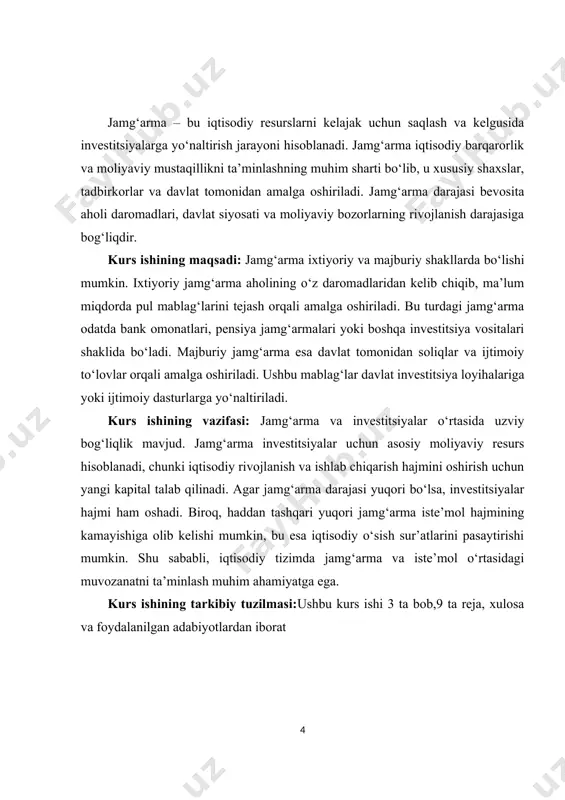 ori jamg‘arma iste’mol hajmining kamayishiga olib kelishi mumkin, bu esa iqtisodiy o‘sish sur’atlarini pasaytirishi mumkin. shu sababli, iqtisodiy tizimda jamg‘arma va iste’mol o‘rtasidagi muvozanatni ta’minlash muhim ahamiyatga ega. kurs ishining tarkibiy tuzilmasi:ushbu kurs ishi 3 ta bob,9 ta reja, xulosa va foydalanilgan adabiyotlardan iborat i.bob. iste’molning iqtisodiy asoslari 1.1. iste’mol tushunchasi va uning iqtisodiy mazmuni. iste’mol — bu iqtisodiyotdagi muhim tushuncha bo‘lib, u xaridorlar tomonidan tovar va xizmatlarni iste'mol qilish jarayonini anglatadi. iste’mol iqtisodiy faoliyatning bir qismi sifatida, iqtisodiy o‘sish, bozor muvozanati va ijtimoiy farovonlikni ta'minlashda muhim rol o‘ynaydi. iste'molning iqtisodiy mazmuni uning turli jihatlari, mexanizmlari va ta'sirini o‘z ichiga oladi. birinchidan, iste’mol iqtisodiy o‘sishning asosiy omillaridan biridir. iste’molchilarning xarid qilish qobiliyati va iste’mol qilish xohishi iqtisodiy faoliyatni oshiradi. odatda, iqtisodiy o‘sish davrida iste’molchilar ko‘proq xarid qilishga tayyor bo‘ladi, bu esa ishlab chiqaruvchilar uchun talabni oshiradi. iste’molning o‘sishi ishlab chiqarishni rag‘batlantiradi va yangi ish o‘rinlarini yaratishga olib keladi. shu sababli, …