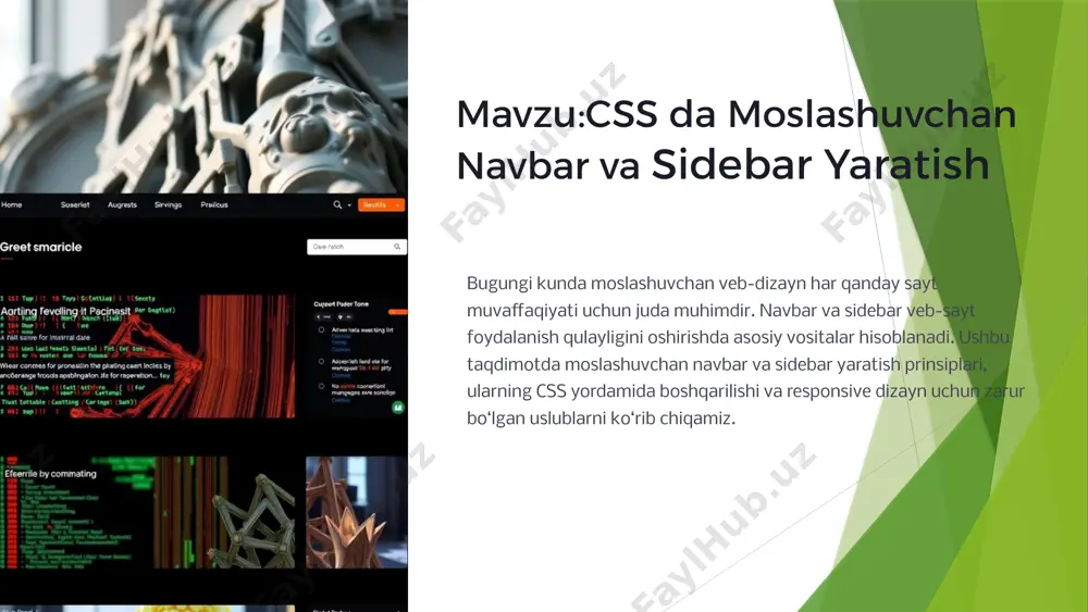 shni ko‘rib chiqamiz. 7 media so'rovlar (media queries) 1 @media qoidasining vazifasi turli ekran o‘lchamlari uchun uslublarni moslashtirish imkonini yaratadi. 2 max-width va min-width qachon va qanday o‘lchamdagi qurilmalar uchun css qo‘llanishini belgilaydi. 3 misol kichik ekranlarda navbar va sidebar joylashuvini va ko‘rinishini o‘zgartirish uchun ishlatiladi. 8 moslashuvchan navbar menyu yashirish kichik ekranlarda asosiy menyuni yashirish orqali joy tejash. 1 menyu tugmasi hamburger ikonka orqali menyuni ochish-bosish imkoniyati yaratish. 2 animatsiyalar css transformatsiyalari yordamida menyu ochilishi va yopilishi uchun silliq effekt qo‘shish. 3 javascript menyu holatini boshqarish uchun dasturlash kodlari qo‘shiladi. 4 9 moslashuvchan sidebar yashirish funksiyasi kichik ekranlarda sidebarni kerak bo‘lganda ko‘rsatish yoki yashirish imkonini beradi. joylashuvni boshqarish sidebarning ekran bo‘ylab ko‘rsatish yoki yon tomonga surilish xususiyatlari. animatsiyalar css yordamida ko‘rkam va silliq harakatlar yaratish, foydalanuvchi tajribasini yaxshilash. foydalanuvchi tajribasi sidebarni responsiv qilish orqali saytning navigatsiyasini oson va qulay qilamiz. 10 eng yaxshi amaliyotlar mobil-first yondashuvi avvalo kichik ekranlar …