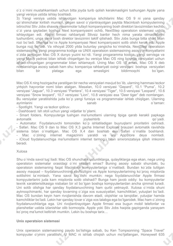 lab topilmagan, ular xerox firmasidagi kompyuterda ko`rib, unga qo`shimchalar kiritib o`zlarining ixtirolari sifatida dunyoga tanitishgan. xerox kompaniyasining axborot markazida grafik interfeys bilan ishlovchi yagona kompyuter bo`lib, ishchilar undan faqat o`z maqsadlari yo`lida foydalanishgan va ommaviy foydalanish uchun tarqatishni o`ylab ko`rishmagan. shunday qilib, mac os 1 atigi 216 kilobaytli floppy diskda joylashgan va uning normal holatda ishlashi uchun 128 kilobaytli (tasavvur qilyapsizmi!) operativ xotira yetarli bo`lgan. eng qizig’i, bu operatsion sistemani boshqa kompyuterga shunchaki nusxalab, ko`chirib qo`yilsa ham u hech qanday xatosiz ishlay olgan. bu sistema juda ham oddiy va sodda ko`rinishda bo`lgan: uning faoliyati uchun 2–3 ta fayl yetarli bo`lib, ular maxsus “system folder” papkasiga joylashtirilgan. bu katalogdagi eng qiziqarli papkalar “extensions” va “control panels” bo`lib, birinchisida har xil sistemali kengaytmalar, bibliotekalar, qurilmalarning drayverlari joylashsa, ikkinchisida esa interfeys moduli, kerakli paytda operativ xotiraga yuklanadigan va undan o`chiriladigan mini – programmalar (ba’zi joylarda boshqaruv pulti deb ham ataladi) joylashgan bo`ladi. mana …