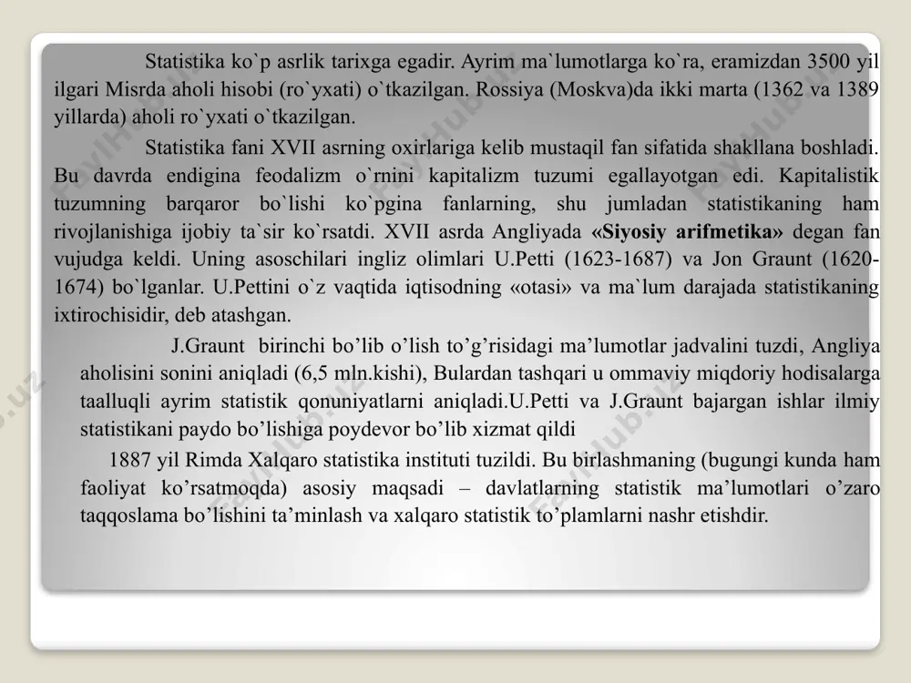 icha o’zgaradi. to’rtinchi xususiyat. hodisalarning rivojlanish qonuniyatlari. ko’pchilikning fikricha, qonuniyat deganda o’rganilayotgan hodisalardagi takrorlanish, aniq tartib va to’g’rilik, birin-ketinlik tushuniladi. bu holatlar bir-biridan farq qiluvchi belgilarning umumiy to’plamda o’zaro yoyishib ketishi natijasida paydo bo’ladi statistik qonuniyatlar asosida ichki va tashqi sabablarning murakkab qo’shilmasi va o’zaro ta’siri yotadi. shu sababli statistik qonuniyatlar alohida olingan birlikda emas, balki barcha birliklarni o’zida qamrab olgan to’plamlarda namoyon bo’ladi. bu erda ulkan sonlar qonuni amal qiladi. bu qonunning mohiyati shundaki, hodisalar to’plami qanchalik ko’proq unsurlardan tashkil topgan bo’lsa, unda alohida, tasodifiy sabablar bilan bog’liq bo’lgan o’zgaruvchanliklar shunchalik to’laroq o’zaro yoyishadi va oqibat natijasida hodisalarning zaruriy bog’lanishi va izchilligining umumiy qonuniyatlari aniqroq namoyon bo’ladi. statistika o’z predmetini quyidagi kategoriyalar yordamida o’rganadi: 1.statistik to’plam – bu umumiy bog’liqlikda, qandaydir bir sifat belgisi bilan birlashgan va bir-biridan farq qiluvchi ob’ekt yoki hodisalarning yig’indisidir. masalan, korxonalar soni, aktsiyadorlik jamiyatlari soni, oilalar soni va h.k. to’plamlar bir jinsli (o’xshash, bir …