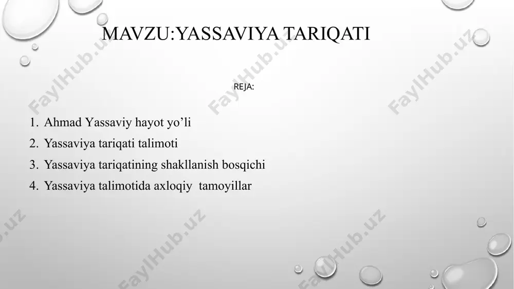 ahmad yassaviy o’z navbati bilan xalifalik qilganidan keyin bir oz vaqt o’tgach, o’z vatani turkistonga ketadi. so’ngra uning o’rniga sen xalifalik qilasan» degan ekan. keyingi voqealarning rivoji ustoz yusuf hamadoniy aytganidek kechroq buxorodan o’z yurti yassiga qaytgan ahmad shag`arda madrasa va honaqo qurdirib o’z atrofiga juda ko’plab yangi shogirdlar to’plagan. u ana shu shogirdlari orqali o’zi asos solgan «yassaviya» tariqatini turkiston va shosh atrofidagi viloyatlarga tarqata boshlagan. ahmad yassaviy tarbiyalab etishtirgan shogirdlar mansur bobo (arslonboboning o’g’li), abul malik oto tosh ho’ja (zangi boboning otasi), hakim oto (sulaymon boqirgoniy), zangi oto va boshqalardir. movarounnahrda xii asrdan so’ng «yassaviya» tariqatidan ikki yirik tariqat paydo bo’lgan. birinchisi — «naqshbandiya», ikkinchisi — «bektoshiya». «iqoniya» deb atalgan uchinchi tariqat ham bo’lgan, ammo u toshkent viloyati atrofidan nariga o’tmagan. “yassaviya” tariqatining barcha aqidalari ahmad yassaviyning asosiy asari bo‘lmish “hikmat”da mufassal bayon etilgan. xii asrdagi turkiyzabon she’riyatning ajoyib namunasi bo‘lgan, keyingi davrlardagi turkiy adabiyotga katta ta’sir ko‘rsatgan …