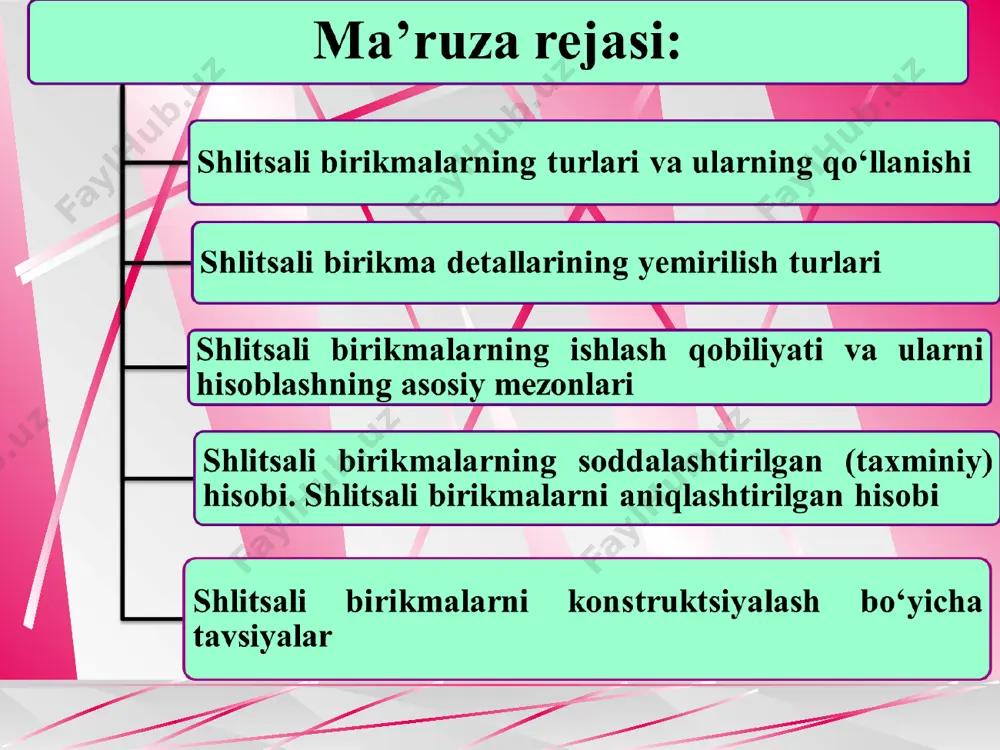 25mm, z=10,16,20; yengil va o’rta seriya ko’proq qo’llaniladi, og’ir seriyadagi birikmalar yeyilish bo’yicha og’ir sharoitlarda ishlatiladi. evolventaviy profilli shlisali birikmalar to’g’ri yonlilarga nisbatan mustahkam va tayyorlanishi osonroq bo’ladi. ularning mustahkamligi tishlar sonining ko’pligi va tishlari asosining kengayishi hisobiga bo’ladi. кuchlanishining buralishdagi effektiv konsentrasiya koeffisienti 1,5 va ko’proq marotaba kam, egilishda esa deyarli teng. 1-rasm. to’g’ri yonli shlisali birikmalar 2-rasm. evolventaviy shlisali birikmalar: a - tashqi diametr bo’yicha markazlashtirish; b - shlisalarning yon yoklari bo’yicha markazlashtirilishi; 3-rasm. uchburchakli shlisali birikmalar evolventaviy profilning tishli g’ildiraklar profilidan farqi reyka profili burchagining 30° gacha ko’payishida (20° o’rniga) va tish balandligining kamayishidadir. evolventaviy profilli valni tayyorlashda to’g’ri yonlilarga nisbatan kamroq frezalar to’plami ishlatiladi, shuning uchun ular aniqroq tayyorlanadi. evolventaviy valini tayyorlashda tishli g’ildiraklar uchun qo’llaniladigan mukammalroq texnologik jarayonlardan foydalanish mumkin. lekin evolventaviy tortilmalar qimmat va shlisalarni jilvirlashda to’g’ri yonlilarga nisbatan ko’p mehnat sarf bo’ladi. evolventaviy birikmalarning o’lchamlari gost 6033-80ga binoan modullari m=0,5...10 mm, tashqi diametrlari …
