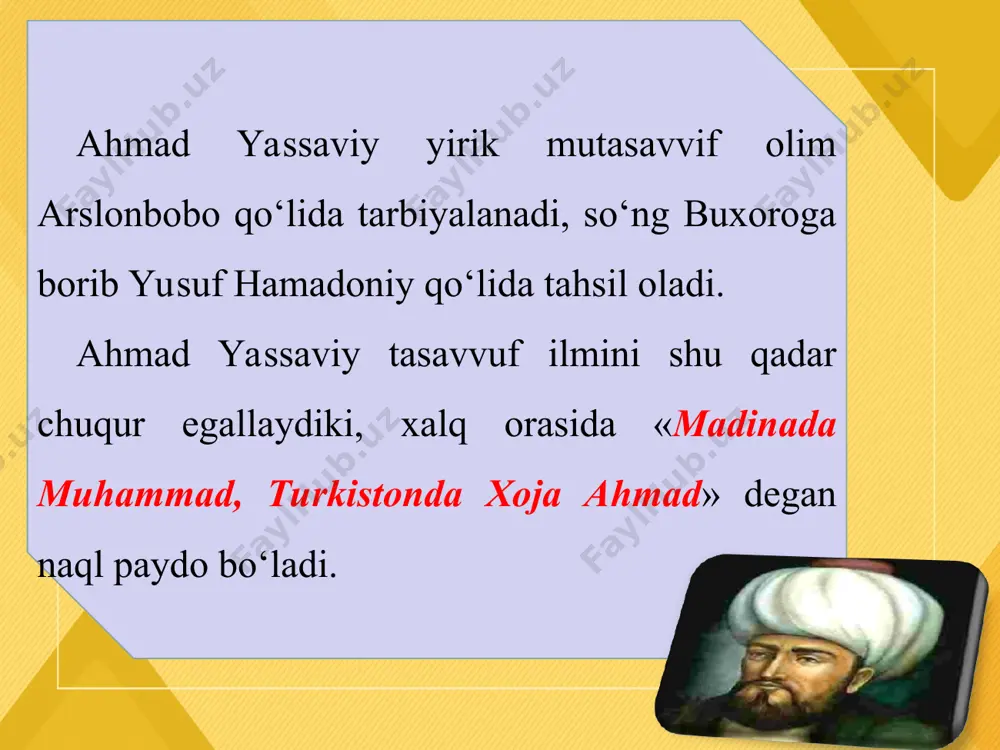 ermasa, dehqon ermas ketmon chopib non bermasa. munda yig‘lab oxiratda jon bermasa, yo‘lda qolg‘on bo‘yi xudo olg‘oni yo‘q... zohid bo‘lma, obid bo‘lma, oshiq bo‘lg‘il, mehnat tortib ishq yo‘lida sodiq bo‘lg‘il, nafsni tepib dargohiga loyiq bo‘lgil, ishqsizlarni ham joni yo‘q, imoni yo‘q. ishq savdosi kimga tushsa rasvo qilur, partav solib haq o‘ziga shaydo qilur, majnunsifat aqlin olib laylo qilur, olloh haqqi bu so‘zlarni yolg‘oni yo‘q. qul xoja ahmad, jondin kechib yo‘lga kirgil, andin so‘ngra eranlarni yo‘lin so‘rg‘il, olloh debon haq yo‘lida joning bergil, bu yo‘llarda jon bermasang imkoni yo‘q. rabbim yodi ulug‘ yoddur aytur bo‘lsam, asal yanglig‘ suchuk bo‘lur tilim mening. o‘zim faqir, qildim muqir, bo‘ldim haqir, qanot qoqar uchar qushdek ko‘nglim mening. turlik ayshim, turlik ishim, munglig‘ boshim, irdi jonim, ketdi hushim, oqdi yoshim, yozuq bilan to‘ldi tugal, ichim-toshim, beniyozim ocha bersun yo‘lim mening. ko‘zim tushdi, ko‘nglim uchdi, arshqa oshdi, umrim kechdi, nafsim qochdi, bahrim toshdi. karvon ko‘chdi, manzil oshdi, …