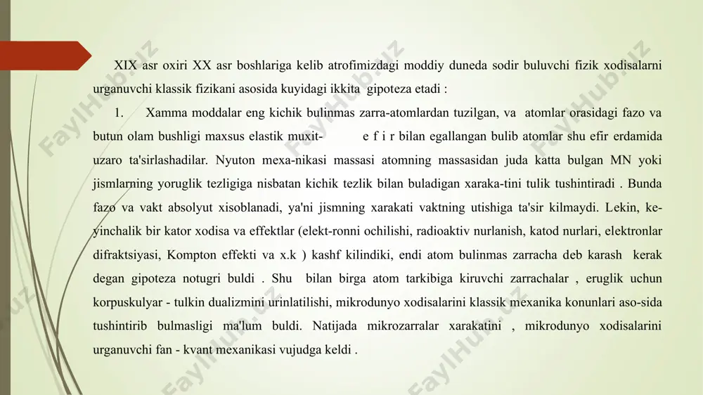 halik atomlar okimi nazariyasi ustunlikka erishdi (nyuton), bunda yoruglik nu-ri manbadan juda katta tezlik bilan bir onda tarkaladi deb xisoblandi. galiley (1564 - 1642) yoruglik tezligini chekligini aytgan bulsada, uni tajribada isbotlay olmadi. yoruglik tezligini birinchi bulib yupiterning yuldoshi ioni xara-katini kuzatish asosida ryomer (1676 y) anikladi. keyinchalik er sharoitida fizo (1849) fuko (1860), maykelson (1881). bergshtrand (1949) yoruglik tezligini juda katta aniklikda ulchash-di. radiolokatsiyani rivojlanishi yoruglik tezligini radiochastotalarda ulchash imkonini berdi. bu ulchashlar natijasida yoruglikning vakuumdagi tezligis= (2,9979245812)108 m/s = 3 108 m/s ga tengligi topildi va bu tezlik chekli ekanligi tajribalarda ankilandi. ii. 1865 yil maksvell elektrodinamika ko-nunlarini umumlashtiruvchi tenglamalar siste- masini yaratdi. elektromagint maydon uchun yaratilgan bu tenglamalar orkali yoruglik elekt-romagnit tulkin tabiatiga ega ekanligi tulik isbotlandi. lekin, bu tenglamalar galiley almashti-rishlariga nisbatan invariant emas edi. m-n, kuzgalmas inertsial sanok sistemasida yoruglik s tezlik bilan tarkalsa. klassik mexanikada tez-liklarni kushish koidasiga binoan v tezlik bi-lan xarakatlanayotgan inertsial …