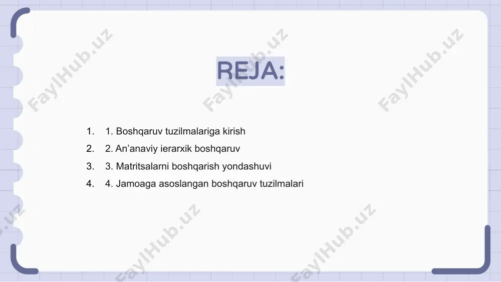 kimiyat uchun kurash va rol noaniqligiga olib kelishi mumkin. 4. jamoaga asoslangan boshqaruv tuzilmalari jamoaga asoslangan boshqaruv tuzilmalari xodimlarni umumiy maqsadlar sari birgalikda ishlaydigan o'z-o'zini boshqaradigan jamoalarga tashkil qilishni o'z ichiga oladi. ushbu yondashuv ishchilarga qarorlar qabul qilish va samarali hamkorlik qilish imkonini beradi. vakolatni markazsizlashtirish va jamoaviy ishlarni rag'batlantirish orqali jamoaviy tuzilmalar tashkilotlarda innovatsiyalar, ijodkorlik va moslashuvchanlikni rivojlantiradi. bu bozor o'zgarishlariga va mijozlar ehtiyojlariga tezkor javob berishga imkon beradi. boshqaruvning bunday uslubi, shuningdek, xodimlarning mehnatga jalb qilinishi, ishdan qoniqish va jamoa muvaffaqiyatiga egalik hissini uyg'otadi. umuman olganda, jamoaviy tuzilmalar samaradorlikni oshirishga va ijobiy ish madaniyatiga olib kelishi mumkin. 5. agile boshqaruv modellari agile boshqaruv modellari moslashuvchanlik, hamkorlik va o'zgarishlarga sezgirlikni o'z ichiga oladi. ular mijozlar qiymatini va qat'iy jarayonlarga nisbatan takroriy takomillashtirishni birinchi o'ringa qo'yadilar. scrum, kanban va lean - bu o'z-o'zini tashkil qilish, uzluksiz yetkazib berish va loyihani samarali amalga oshirish uchun tezkor qayta aloqa aylanishlarini targ'ib qiluvchi …