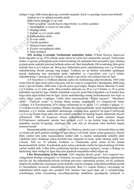 atnaganlarini qayd etsh lozim. madrasada darsni tashkil etsh tartbi quyidagicha bo’lgan: bitta darslikdagi aynan bir bobni o’rganayotgan 10-15 nafar talaba bir sinf xonasiga to’planishgan va o’zlariga oqsoqol (sardor) saylab olishgan. bu guruh «jamoa», uning oqsoqoli esa «qori jamoa» deb nomlangan. darsni boshlash uchun oqsoqol mudarrisning huzuriga borar va undan mazkur guruh bilan mashg’ulot o’tkazish uchun izn so’rardi. qizlar maktabi va unda ta’lim mazmuni. masjid va xonaqohlar qoshida ochilgan maktablarda faqat o’g’il bolalar o’qitlgan. qiz bolalar o’z davrining o’qimishli ayollari tomonidan uylarida ochilgan maktablarda o’qitlgan. ayol muallimani o’lkaning turli hududlarida “otnoyi”, “otnbibi”, “bibiotin”, “bibixalifa” deb ataganlar. qizlar maktabi o’g’il bolalar maktablariga nisbatan ancha kam bo’lgan, ko’p hollarda maktabdorlarning, imomlarning xotnlari maktabdorlik qilgan. qizlar maktabi haqida k.e.bendrikov “turkistonda xalq maorifi tarixidan ocherklar” asarida quyidagilarni yozadi: “qizlar ishqiy maktublarga berilmasinlar deb, qizlar maktabida yozuvga o’rgatlmagan”. professor u.dolimovning fikricha, bu so’zlar haqiqatdan ancha yiroq. o’zbek xalqi – o’tmishda eng ko’p shoiralar etshtrgan xalq, agar …