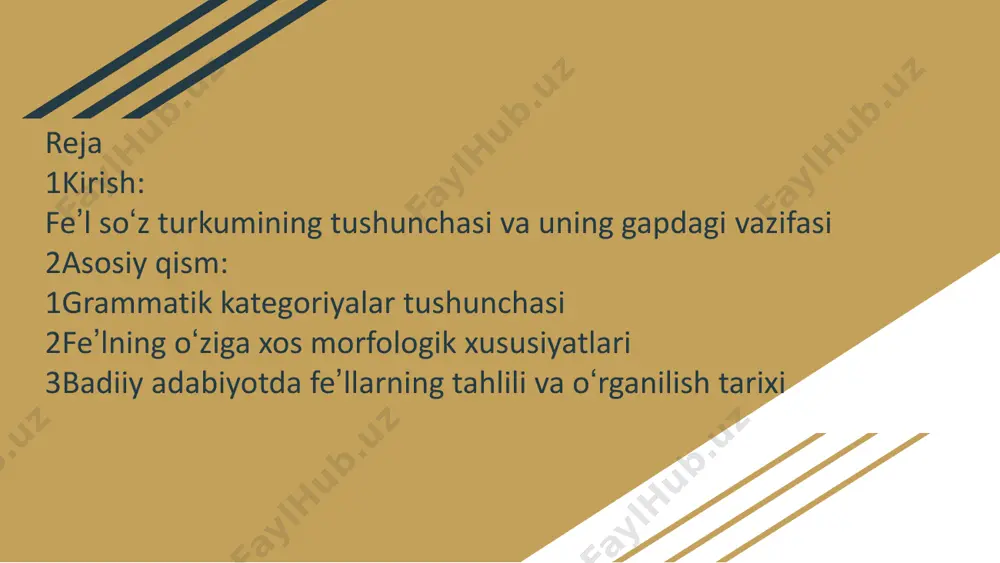 ma boʻlishsizlik shakli va soʻzlarning inkorini va uning variantlari bilan; 2) sintaktik --- yoʻq , emas soʻzlari, na,-na,bogʻlovchisiz, -a, -ya yuklama feʼllar ish-harakatini biror shaxs yoki predmetga oʻtish yoki oʻtmasligini ifodalashiga koʻra; oʻtimli feʼllar - tushum kelishigidagi soʻzlar bilan bogʻlana oladigan feʼllar mas: bajarmoq oʻqidi, yozdi, soʻradi, tushuntirdi , kiyintirdi . oʻtimsiz feʼllar ---- tushum kelishigidagi soʻzlar bilan bogʻlana olmaydigan feʼllar; mas; yugurdi , jilmaydi , bordi , oʻtirdi, turdi , quvondi, chiqdi, bormoq , uxlamoq. feʼllarda 4ta grammatika bor shaxs-son zamon nisbat mayl shaxs-son ish harakatning bajaruvchisining shaxsi va sonini koʻrsatadigan qoʻshimchalar. 1varyantda birlik koʻplik men oʻqidim. biz oʻqidik sen oʻqiding siz -ngiz u oʻqidi u oʻqidilar 2varyantda birlik men oʻqiganman sen oʻqigansan u oʻqigan koʻplik biz oʻqiganmiz siz oʻqigansiz ular oʻqigan 3varyantda2varyantda birlik men oʻqiganman sen oʻqigansan koʻplik 2varyantda birlik men oʻqiganman sen oʻqigansan u oʻqigan koʻplik biz oʻqiganmiz siz oʻqigansiz ular oʻqigan 3varyantda birlik men oʻqiy, yozay …