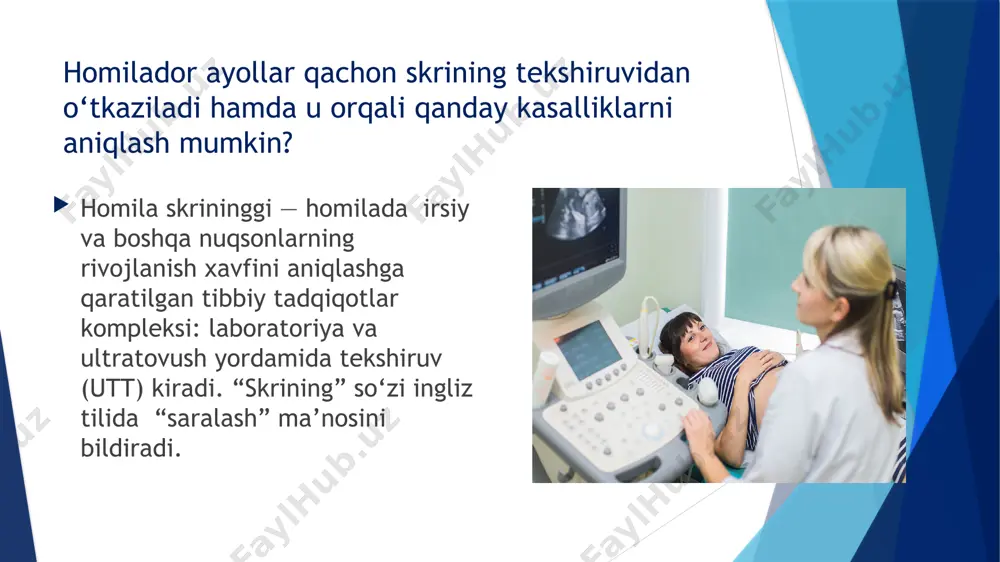 an bir pog’ona yuqori bo’lgan batafsil ko’rikdan o’tsa ham bo’ladi. qon tahlili. homilador ayolning sog’lig’ini tekshirib, homilani sog’lom katta qilishda muammolar yo’qligini aniqlash uchun qon tahlili(gemoglobin, trombotsid, eritrotsid kabilar) va oits, qizilcha kabi kasalliklar tekshiriladi. qon guruhi tahlili. abo qon guruhlari va rezus faktor kabilar tekshiriladi. rezusi manfiy bo’lgan homilador ayollarga homila 28 haftalik bo’lganida rezus immunoglobulin ukoli gepatit kasalligi tahlili. infeksiya tushmaganligi tekshiriladi. ayniqsa gepatit b kasalligi homiladorlik paytida kuchayish xavfi bor bo’lib, yo’ldosh orqali bola tug’ilish vaqtida va bolani emizish vaqtida chaqaloq infeksiyalanish mumkin. siydikni tekshirish. qand va oqsil miqdorini tekshirish orqali qon bosim kasalligi yoki qandli diabet kasalligi kabilar tekshirilib, siydik yo’li infeksiyalari ham tekshiriladi. ultratovush tekshiruvi. bachadonni ichki ko’rinishini ko’rish orqali homilaning o’sish va rivojlanish darajasi, homilaning joylashgan joyi va ko’rinishi, nogiron emasligi kabilar sog’lom farzandni dunyoga keltirish uchun e’tibor qaratish kerak bo’lgan amallar sog’lom onadan sog’lom bola tug’iladi. homiladorlikka tayyorlanayotgan bo’lsa eng avvalo ona sog’lom …
