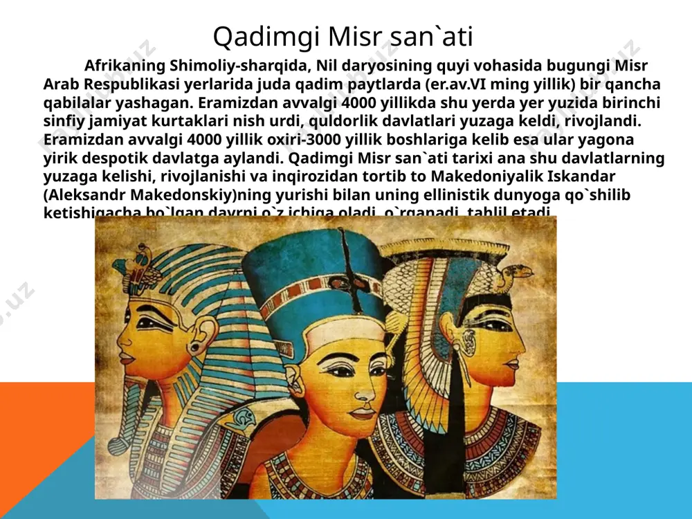rini shakllanishiga asos soldilar. bu majmualarda qadimgi misr me`morlik an`analarining muhim tomonlari o`z ifodasini topdi, shu bilan birga, tantanali va hashamatli bo`lib borayotgan marosimlar bilan aloqador bo`lgan me`morchilikning yangi ko`rinishlari namoyon bo`ldi. tasviriy san`at. qadimgi misr tasviriy san`ati me`morchilik bilan bog`liq holda rivoj topdi. ijtimoiy hayotning murakkablashib borishi va sinfiy jamiyatning yuzaga kelishi bilan u boshqaruvchi sinfning kuchli ideologik quroliga aylandi. dinastiyagacha bo`lgan davrdan bizgacha ko`pgina haykaltaroshlik, rassomlik va amaliy san`at namunalari yetib kelgan. shular ichida turli diniy-magik marosimlar o`tkazishda bo`yoqlar qorishtirish uchun foydalanilgan yassi, yupqa, kul rang, yashil, qora tosh-shifer plitalar alohida o`rin egallaydi. rassomlikda yangi mavzular ham keng o`rinni egallay boshladi. rassomlar har bir obraz xatti-harakatini tabiiy va go`zal bo`lishiga e`tibor bera boshladilar. mayda plastinada janrli kompozitsiyalar yaratish, odamlarni harakatda ko`rsatish hollari, oddiy kishilar mehnatini tasvirlash bu davrda keng rivojlandi. qadimgi misr realistik san`atining eng gullagan davri yangi podsholikka to`g`ri keldi. rassom va haykaltaroshlar zadagonlar hayotiga bag`ishlangan serjilo …