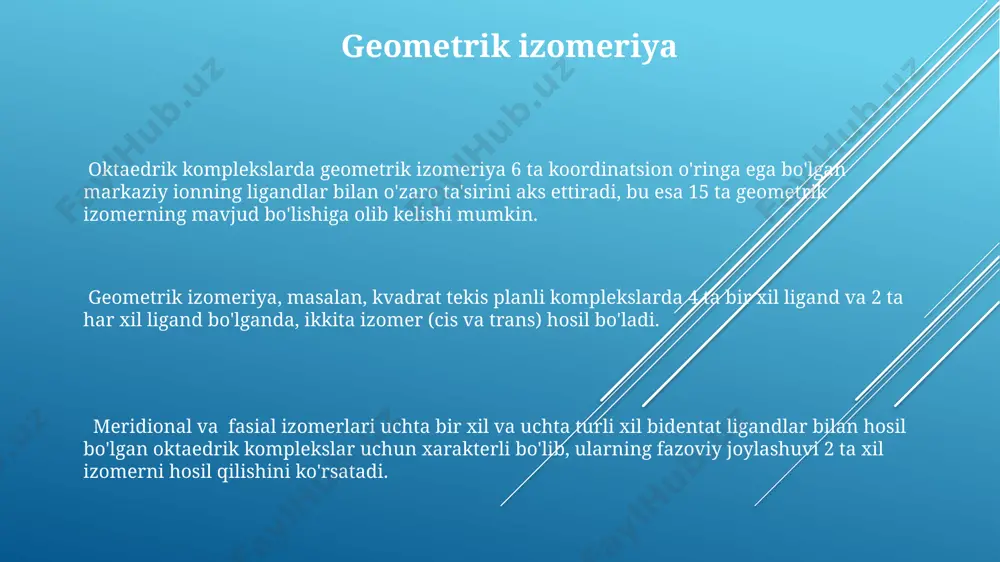 kka ega va ular elektroliz jarayonlarida 2-3 valentli metallarni ajratib olishda qo'llaniladi. markaziy ion bilan ligand o'rtasidagi elektrostatik o'zaro ta’sir ligandlarning turli xil donor atomlari (masalan, o, n, cl) markaziy ion bilan turlicha kuchli elektrostatik o'zaro ta'sirlarni hosil qiladi, bu esa kompleksning barqarorligiga ta'sir qiladi. markaziy ionning yuqori zaryadi va ligandning kichik radiusga ega bo'lishi elektrostatik o'zaro ta'sir kuchini 10-100 kj/mol gacha oshirishi mumkin. 6 koordinatsiyali komplekslarda oktaedrik geometriya markaziy ion va ligandlar orasidagi elektrostatik o'zaro ta'sirlarning simmetriyasini belgilaydi, bu esa izomerlarning hosil bo'lishiga ta'sir qilishi mumkin. e'tiboringiz uchun rahmat @taqdimot_robot
