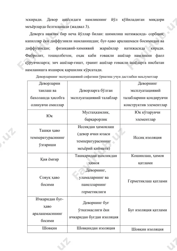 уч қатламли деб ажратилади. бир қатламли панелларнинг ишлаши тушунарли ва маъноси битта. бироқ бу маънода заводда тайёрланган йирик панелли қатламли конструкцияларни ҳар хил иссиққа ҳимояли ва мустаҳкамлик сифатлардан тегишли қатламларда омилкор фойдаланиш биринчи навбатга ўтказилади. панелларнинг темир бетонли қатламлари (бир ёки икки) бу ҳолда юк кўтарувчи вазифасини бажариб, уларга иситувчи – иссиқлик ҳимоя қатлами бириктирилади. девор учун ашёлардан фойладанишдаги бундай бўлиниши, ашёлар сарфи, деворнинг хусусий оғирлиги, пойдевор ўлчамлари, транспорт сарфлари, монтаж учун ишлатиладиган кранларнинг қуввати ва афзалликлари туфайли ҳам йирик панелли қурилиш аксари ҳолларда ғиштли қурилишни сиқиб чиқаради. девор конструкцияларининг тавсифи ва уларнинг иш шароити, дефорнинг принципиал структура чизмаси ва конструкциянинг варианти маълум бўлгандан сўнг муайян бино деворини конструкция ва ашёларини танлашга ўтиш мумкин. бунинг учун деворга таъсир этувчи омиллар ва уларга қўйиладиган эксплуатациявий талабларга жавоб берадиган керакли конструктив элементлар рўйхати келтирилган жадвалдан фойдаланамиз. мутахассиснинг вазифаси бинонинг танланган муайян деворини бахолашдан иборат. вақт ўтиши билан намланиш, замин ва пойдеворларнинг деформацияси …