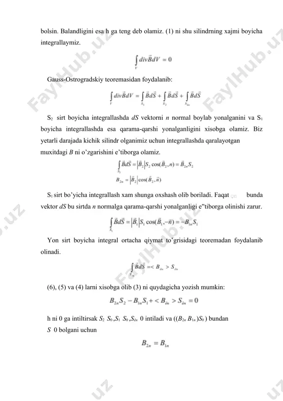 o’rinishiga ega. shunday qilib d vektorning normal tashkil etuvchisi ajralish sirtida sirt zaryadlari mavjudligi uchun va bu sirt zaryadlari elektr maydoni xosil qilganligi uchun uzilishga uchraydi. (12) ifoda elektr maydon kuchlanganligi vektori e ning normal tashkil etuvchisi uchun xam chegaraviy shartni bildiradi, ya’ni dan foydalanib uni aytilgan xol uchun quydagicha yozishdan buni yaqqol korish mumkin. demak dn gina emas, balki en xam sirt zaryadlari mavjudligida sakrab o’zgaradi. ikki muxit chegarasida yassi elektromagnit to‘lqinlarini sinishi va qaytishi yuqoridagi masalalani yanada batafsilroq organish shu uchala tolqin ampletudalar orasidagi munosabatni xarakterlaydigan formulalarni, bu formulalardan foydalanib esa intensizliklar orasidagi munosabatni xamda qaytish va sinish energiyani ozgarmasligini isbotlash imkonini beradi. buning uchun eng sodda, ya‟ni muxitlar chegarasiga tolqin normal yonalishida kelib tushadaigan xolni qaraymiz. umumiy xolni qarash xam prinsip jixatidan qiyinchilik tugdirmaydiyu, lekin koproq xisoblashni talab qiladi. bu xolni shu matnga tavsiya qilingan adabiyotlardan foydalanib organish mumkin. z oqini yonalishini tolqining yonalishi bilan bir xil …