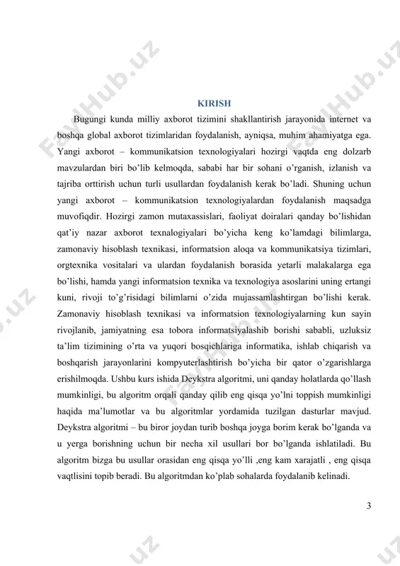 il o'tgach, u institutning keyingi kompyuterida ishlaydigan apparat muhandislari tomonidan yana bir muammoga duch keldi: mashinaning orqa panelidagi pimlarni ulash uchun zarur bo'lgan sim miqdorini minimal darajada kamaytirish. yechim sifatida, u primning minimal daraxtni o'stiradigan algoritmi deb nomlangan algoritmni ( jarnik tomonidan ilgari ma'lum bo'lgan va shuningdek, prim tomonidan kashf qilingan ) qayta kashf 5 etgan.dijkstra 1959-yilda, primdan ikki yil keyin va jarnikdan 29 yil keyin algoritmni nashr etdi. dijkstraning algoritmi (yoki dijkstraning eng qisqa yo'lining birinchi algoritmi) - bu , masalan, yo'l tarmoqlarini aks ettirishi mumkin bo'lgan grafikadagi tugunlar orasidagi eng qisqa yo'llarni topish uchun algoritm . u 1956- yilda kompyuter olimi edsger v. dijkstra tomonidan ishlab chiqilgan va uch yildan so'ng nashr etilgan. algoritm ko'p variantlarda mavjud. dijkstra asl algoritm ikki berilgan tugunlari orasidagi eng qisqa yo'lni topadi. grafikdagi berilgan manba tuguni uchun algoritm ushbu tugun va boshqa har tugun orasidagi eng qisqa yo'lni topadi. bundan tashqari, kerak …