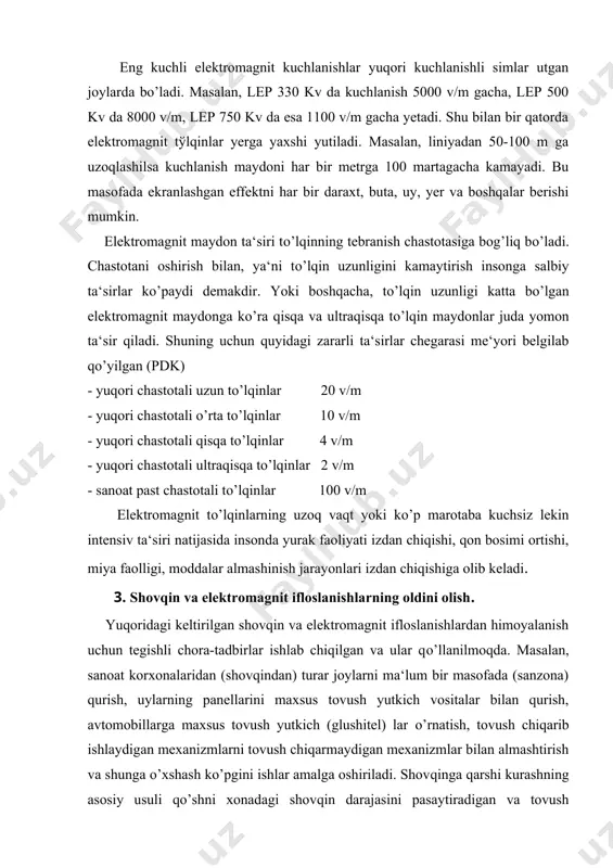 ovush to’lqinlari jadalligini pasaytiradigan tovush yutuvchi ashyolardan foydalaniladi. tovush energiyasini yutish printsipiga ko’ra hamma ashe va konstruktsiya 3 guruhga: g’ovakli, rezonans va donali tovush yutqichlarga bo’linadi. g’ovakli tovush yutkichlarga yog’och tolasidan, paxtadan, shisha toladan qilingan plitalar, tsementli fibralit, ftoroplast, kapron va mineral tolalardan yasalgan to’shaklar, shisha tola kiradi. tovush yutadigan ashyolarning tovush yutish koeffitsienti ularning xossalariga, qalinligiga va joylashtirish usuliga bog’liq. rezonans tovush yutkichlar ikkala tomoniga mato yopishtirilib, shovqin manbaidan ma‘lum masofada joylashtirilgan teshik-teshik ekrandan iborat. ekran sifatida yog’och kipigidan va toshpaxtadan ishlangan plitalar, faner ishlatiladi. donali tovush yutqichlar tovush hajmiy jismlardan iborat bo’lib, ular xonaga bir-biridan 1500-2000 mm oraliqda osib qo’yiladi. ular asosan serg’ovak ashyolardan tayyorlanadi. donali tovush yutkichlarning afzalligi shundaki, ularni shovqin manbaining yonginasiga o’rnatish mumkin. ishchini shovqinning to’g’ridan-to’g’ri ta‘siridan himoyalaydigan ekranlar shovqinning yuqori chastotali tarkibiy qismlarini pasaytiradi. tovush soyasi yuzaga kelishi natijasida ekran ortida shovqin pasayadi. bu soya tovush to’lqini uzunligining ekranning kundalang ulchamiga nisbatiga bog’liq. agar …