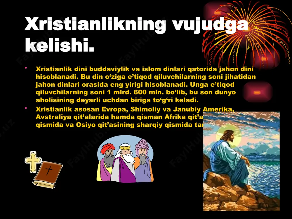 o qonini abadiy hayotga tayyorlaydi.nadomatning sirliligi shundaki, dindor o’z gunohlarini din peshvosi oldida tan oladi, din peshvosi esa uning gunohlarini iso nomidan kechiradi. katolik oqimi xristianlikning yirik yo’nalishlaridan biri katolik oqimidir. u yevropa, osiyo, afrika va lotin amerikasi mamlakatlarida tarqalgan bo’lib, muxlislari taxminan 800 mln. kishini tashkil etadi. kalьvinizm. diniy islohotning boshqa bir yirik arbobi jan kalьvin (1509-1564) edi. uning 1536 yilda nashr etilgan «xristian dinidagi ko’rsatmalar» degan bosh asari, protestantizm ta’limot sifatida shakllanganidan keyin yangi bir diniy yo’nalish – kalьvinizmning asosi bo’lib qoldi. bibliya. bibliya yahudiylik va xristianlik dinlari taьlimotiga ko’ra, xudo tomonidan nozil qilingan, asosiy diniy aqida va axloq qonunlarini o’zida jamlagan muqaddas kitoblar majmuasidir. injilning dastlabki 4 kitobi matto (matfey) luka marko yuhanno (ioann) xristianlik xristianlik asosan evropa, shimoliy va janubiy amerika, avstraliya qit’alarida hamda qisman afrika qit’asining janubiy qismida va osiyo qit’asining sharqiy qismida tarqalgan. xristianlikning uch asosiy yo‘nalari pravoslav katolik protestantizm image1.wmf image2.jpeg image3.jpeg image4.jpeg …
