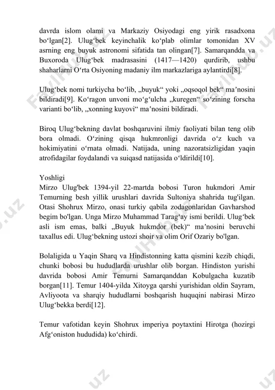 . qozizoda rumiy ulugʻbek madrasasining eng koʻzga koʻringan muallimi boʻlgan va keyinchalik bu oʻringa astronom jamshid al-koshiy kelgan[13] ulugʻbek ilm-fan olamida buyuk astronom sifatida mashhur. bu borada u amalga oshirgan eng buyuk ish „ziji jadidi koʻragoniy“ deb nomlangan astronomik jadval sanaladi. ulugʻbek tibbiyot va musiqaga ham qiziqqan, sheʼrlar ham yozgan. alisher navoiyning „majolis un-nafois“ asarida uning sheʼrlaridan namunalar keltirilgan. olimdan bizga 4 ta asar meros qolgan: 1) „ziji jadidi koʻragoniy“ – astronomiyaga oid; 2) „bir daraja sinusini aniqlash haqida risola“ – matematikaga oid; 3) „risolayi ulugʻbek“ – yulduzlarga bagʻishlangan; 4) „tarixi arbaʼ ulus“ (toʻrt ulus tarixi) – tarixga oid. astronomiya (yulduzlar bilimi) mirzo ulugʻbek sharafiga sssr pochta markasi. u 1437-yilda 1018 yulduz toʻplamini „ziji sultoniy“ asarida tartib berganki, u hozirgi paytda ham yulduzlar bilimi sohasida dunyoning eng buyuk asarlaridan biri sanaladi. ushbu asar 1665-yilda oxfordda thomas hyde tamonidan, 1843-yilda fransiya bailly tamonidan va 1917-yilda edward ball knobel tamonidan yangidan tahrirlanib …
