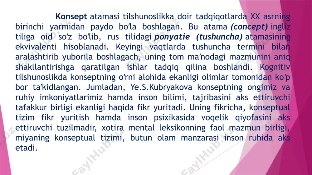 istema va ong tili birligidir. guruh birliklari o'rtasida esa xilma-xil munosabatlar mavjud bo'ladi. masalan, ishla so'zini aytishimiz bilan beixtiyor xayolimizda bir tomondan so'zla, tuzla, muzla so'zlar guruhi kelsa, ikkinchi tomondan, ishchi, ishsiz kabi so'zlar guruhi keladi. yoki rus auditoriyasidan poet so'ziga har qanday so'z bilan tezda javob berishini so'rasangiz, rus auditoriyasining taxminan 100 tadan 90 tasi shubhasiz pushkin deb javob beradilar. poet so'zi bu stimulga stimul reaksiya konsept harakat jarayon o'rin makon vaqt obyekt tafakkur sifat xususiyat “taqqoslash xaritasi” fikrimizcha, badiiy asarlarda, xususan, nasriy asarlarda lingvokulturologiyada asosiy konseptlar hisoblangan hayot, o'lim, ona, vatan, muhabbat, yaxshilik, adolat, ayol kabi tushunchalar ifodasi ko'p uchraydi. badiiy asar ijodiy faoliyat mahsuli bo'lganligi sababli, muayyan konsept ifodasi bu kabi matnlarda, tabiiyki, birinchi navbatda individuallik, obrazlilik belgilarini namoyon etadi. f.m.dostoyevskiy va m.a.bulgakov romanlarini lingvokognitiv tahlil qilgan o.a.aktisova o'z ishida tavsifiy xarakterdagi mikromatnlarda konsept matn yaratuvchanlik xususiyatiga ega bo'ladi, degan fikrni ilgari suradi[1]. o'zbek yozuvchilari asarlaridan olingan …