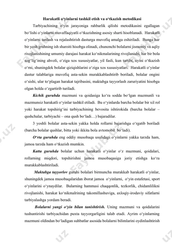 at ko‘nikmalrining takomillashuviga, axloqiy-irodaviy sifatlarni tarbiyalashga yordam beradi. bolalarni yangi o‘yin bilan tanishtirish. uning mazmuni va qoidalarini tushuntirishi tarbiyachidan puxta tayyorgarligini talab etadi. ayrim o‘yinlarning mazmuni oldindan bo‘ladigan suhbatlar asosida bolalarni bilimlarini oydinlashtirish mumkin. ularning tasavvurlari aniqlashadi, o‘yin obrazlarga nisbatan munosabat tarkib topadi, asosiy xayol o‘sadi. o‘yinlarni tushuntirish ularning turlariga ko‘ra har-xil o‘tishi mumkin, biroq bu tadbir doimo emotsional jihatdan qizig‘arli, bolalarni quvnoq o‘yin faoliyatiga tayyorlaydigan, o‘yinni tezroq boshlash istagina tug‘diradigan va o‘yin topshiriqlarini ishtiyoq bilan bajarishga undaydigan bo‘lishi kerak. mazmunsiz o‘yinni tushuntirish qisqa, aniq va ifodali ohangda bo‘lishi lozim. tarbiyachi o‘yin harakat izchilligini tushuntiradi, bolalar va o‘yin atributlarining joylashish o‘rni (kichik va o‘rta guruhda buyumlarni mo‘ljallab, katta guruhlarda esa mo‘ljalga olmay ko‘rsatadi) fazo iborasidan foydalangan holda ko‘rsatadi va qoidalarni aniqlashtiradi. shundan so‘ng tarbiyachi bolalarga bir necha savollar beradi. o‘yinni qoidasi bolalarga tushunarli bo‘lsagina o‘yin quvnoqlik va uyushqoqlik bilan bilan o‘tadi. musobaqa elementlari mavjud o‘yinlarni o‘tkazishda tarbiyachi o‘yinni tushuntirayotib qoidalarni, …