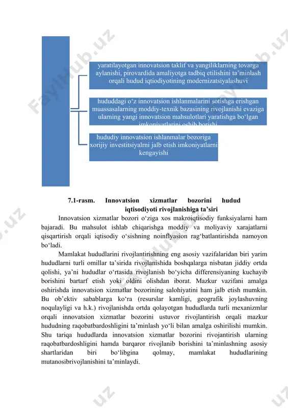 zorga taklif etilayotgan innovatsion mahsulot uning potensial iste’molchilarining texnologik jihatdan etarlicha tayyor emasligi tufayli ham talabga ega bo‘lmasligi mumkinligi ehtimolini hisobdan chiqarish mumkin emas. innovatsion xizmatlar bozori hudud iqtisodiyoti rivojlanishiga ta’siri quyidagi jihatlar va natijalarda namoyon bo‘ladi (7.1-rasm). ( hududiy innovatsion ishlanmalar bozoriga xorijiy investitsiyalrni jalb etish imkoniyatlarni kengayishi hududdagi o‘z innovatsion ishlanmalarini sotishga erishgan muassasalarning moddiy-texnik bazasining rivojlanishi evaziga ularning yangi innovatsion mahsulotlari yaratishga bo‘lgan imkoniyatlarini oshib borishi yaratilayotgan innovatsion taklif va yangiliklarning tovarga aylanishi, pirovardida amaliyotga tadbiq etilishini ta’minlash orqali hudud iqtiodiyotining modernizatsiyalashuvi ) ( innovatsion xizmatlar bozorini hudud iqtisodiyoti rivojlanishiga ta’siri quyidagilar )7.1-rasm. innovatsion xizmatlar bozorini hudud iqtisodiyoti rivojlanishiga ta’siri innovatsion xizmatlar bozori o‘ziga xos makroiqtisodiy funksiyalarni ham bajaradi. bu mahsulot ishlab chiqarishga moddiy va moliyaviy xarajatlarni qisqartirish orqali iqtisodiy o‘sishning noinflyasion rag‘batlantirishda namoyon bo‘ladi. mamlakat hududlarini rivojlantirishning eng asosiy vazifalaridan biri yarim hududlarni turli omillar ta’sirida rivojlanishida boshqalarga nisbatan jiddiy ortda qolishi, ya’ni hududlar o‘rtasida rivojlanish …