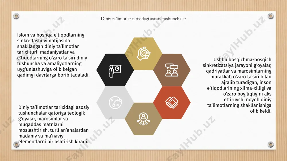 angan diniy ta’limotlar tarixi murakkab va qiziqarli mavzudir. bu turli diniy urf-odatlarni uyg'unlashtirish va yangi e'tiqod tizimlari evolyutsiyasini o'z ichiga oladi. sinkretizatsiya tarixini o'rganish bir qancha muammolarni keltirib chiqaradi. asosiy qiyinchiliklardan biri turli madaniy va tarixiy kontekstlarda sinkretizmning murakkab va ko'pincha parchalanib ketgan hikoyalarini kuzatish va tushunishdir. sinkretizatsiya tarixini o'rganish muammolari bundan tashqari, tarixiy ma'lumotlarning haqiqiyligi va to'g'riligi bilan bog'liq noaniqlik sinkretizatsiyaning rivojlanishi va diniy ta'limotlarga ta'sirini to'liq tushunishga jiddiy to'siq bo'ladi. islom ta’limotlari va boshqa diniy e’tiqodlarning qiyosiy tahlili islom va boshqa e'tiqodlarning sinxronlashuvi natijasida shakllangan diniy ta'limotlar tarixi qiziqarli mavzudir. u turli diniy tizimlar o‘rtasida g‘oyalarni uyg‘unlashtirish va almashishni o‘z ichiga oladi, bu esa o‘ziga xos ta’limotlarning shakllanishiga olib keladi. islom ta’limotlari va boshqa diniy e’tiqodlarning qiyosiy tahlili ular orasidagi o‘xshashlik va farqlarni yoritib beradi. unda diniy mafkura va urf-odatlarning rivojlanishiga hissa qo‘shgan turli ta’sirlar ko‘rsatilgan. islomning boshqa diniy e’tiqodlar bilan sinkretlashuvini o‘rganish diniy tafakkurning rivojlanish tabiati va …