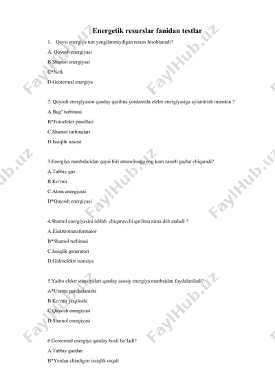 energetik resurslar fanidan testlar — DOC