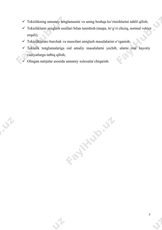 kislikda joylashadi. bu xossa tekislikning eng asosiy belgilaridan biridir. 1.1-chizma.[footnoteref:1] [1: muallif tomonidan tayyorlandi.] 2. uchta tekis bo‘lmagan nuqta faqat bitta tekislikni aniqlaydi. agar uchta nuqta bir to‘g‘ri chiziqda yotmasa (ya’ni ular chiziqli mustaqil bo‘lsa), ular orqali faqat bitta tekislik o‘tkazish mumkin. masalan, uchburchak uchlari orqali faqat bitta tekislik o‘tkaziladi. 1.2-chizma.[footnoteref:2] [2: muallif tomonidan tayyorlandi.] 3. tekislikka perpendikulyar bo‘lgan normal vektor mavjud bo‘ladi. har bir tekislikka perpendikulyar yo‘naltirilgan vektor mavjud bo‘lib, u normal vektor deb ataladi. tekislik tenglamasida ax+by+cz+d=0 ifodadagi (a,b,c) koeffitsiyentlari aynan normal vektorning koordinatalaridir. 1.3-chizma.[footnoteref:3] [3: muallif tomonidan tayyorlandi.] 4. ikki tekislik kesishganda ular to‘g‘ri chiziq bo‘ylab kesishadi. agar ikki tekislik bir-biriga parallel bo‘lmasa, ular fazoda to‘g‘ri chiziq bo‘ylab kesishadi. bu kesishish chizig‘i ushbu ikki tekislikka ham tegishli bo‘ladi. 1.4-chizma.[footnoteref:4] [4: muallif tomonidan tayyorlandi.] 5. parallel tekisliklar. ikki tekislik bir-biriga parallel bo‘lishi mumkin. parallel tekisliklarning normal vektorlari ham parallel bo‘ladi (ya’ni ular bir-biriga proporsional bo‘ladi). 1.5-chizma.[footnoteref:5] [5: muallif …
