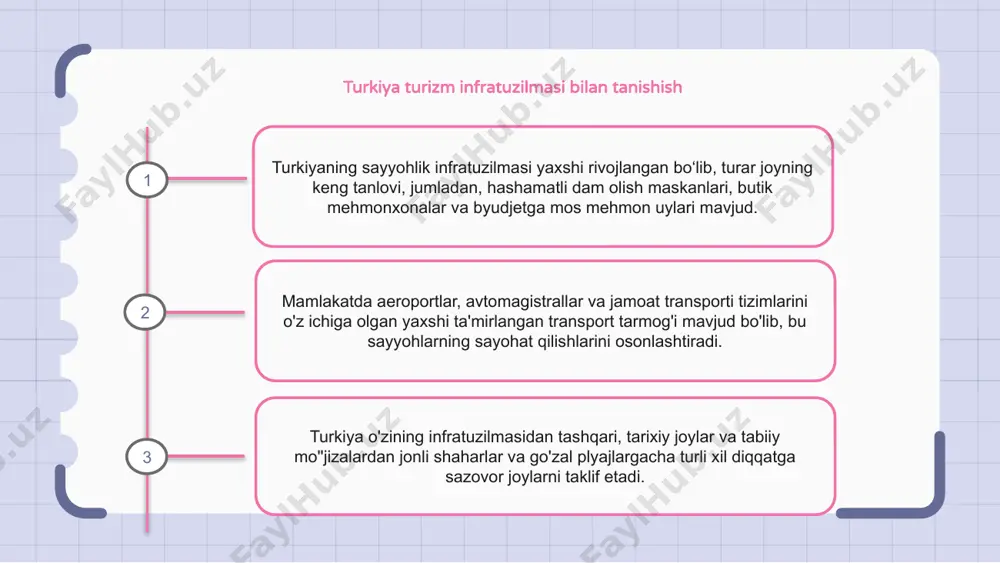 oniyatlari turkiya turizm infratuzilmasi sohasida juda ko'p sarmoya imkoniyatlarini taqdim etadi. mamlakatning strategik mavqei va turli turistik diqqatga sazovor joylari uni hordiq chiqarish uchun ham, ishbilarmon sayohatchilar uchun ham ideal manzilga aylantiradi. turkiya turizm infratuzilmasiga sarmoya kiritish foydali daromad keltirishi va mamlakat iqtisodiyotining o‘sishiga hissa qo‘shishi mumkin. turkiya turizm infratuzilmasida barqaror amaliyotlar turkiya turizm infratuzilmasi atrof-muhitga ta'sirini minimallashtirish uchun barqaror amaliyotlarni o'zlashtirmoqda. barqaror amaliyotlardan biri bu mehmonxonalar va kurortlarni energiya bilan ta'minlash uchun qayta tiklanadigan energiya manbalaridan foydalanishdir. yana bir amaliyot - ifloslanishni kamaytirish va qayta ishlashni rivojlantirish uchun chiqindilarni boshqarish tizimlarini joriy etishdir. 1 2 3 turkiya turizm infratuzilmasini yaxshilash strategiyalari turkiyaning turizm infratuzilmasi mamlakatga ko'proq tashrif buyuruvchilarni jalb qilishda hal qiluvchi rol o'ynaydi. uni yaxshilash uchun hukumat asosiy e'tiborni transport tarmoqlarini yaxshilash, yuqori sifatli turar joy variantlarini ishlab chiqish va barqaror turizm amaliyotini targ'ib etishga qaratishi mumkin. transport infratuzilmasiga sarmoya kiritish sayyohlarning turkiyaning turli mintaqalarini kashf etishlarini osonlashtirishi …