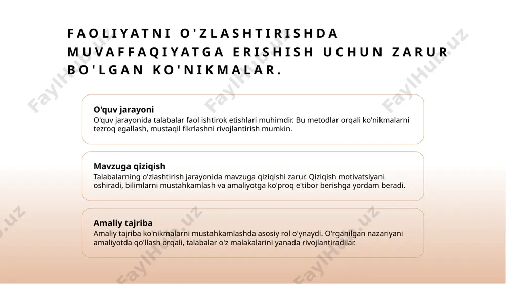 huvlarni shakllantiradi. ta'lim muhitining ta'siri ta'lim muhitidagi madaniy tafovutlar, o'qitish usullarini va o'quv jarayonlarini belgilaydi. bu esa shaxsiy rivojlanish va malaka egallashga ijobiy ta'sir ko'rsatadi. xulosa faoliyatni o'zlashtirish jarayoni muvaffaqiyat uchun zarur ko'nikmalar innovatsion yondashuvlar faoliyatni o'zlashtirish jarayoni, ta'lim va malaka egallashda muhim ahamiyatga ega. o'zlashtirish bosqichlari, nazariya va amaliyotni birlashtiradi. muvaffaqiyatga erishish uchun zarur ko'nikmalar, mas'uliyat, o'zini boshqarish va motivatsiyani o'z ichiga oladi. bu ko'nikmalar o'qitish jarayonida asosiy rol o'ynaydi. innovatsion yondashuvlar, malaka egallashda zamonaviy metodlar va strategiyalarni o'z ichiga oladi. bu, o'zlashtirish jarayonini samarali va qiziqarli qiladi. e'tiboringiz uchun rahmat! /docprops/thumbnail.jpeg
