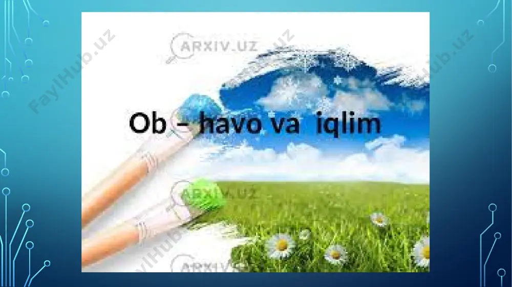 qattiq isib va qurib ketadigan, kontinental tropik havo shakllanuvchi markaz hisoblanadi. chek-ka jan. rayonlarda kunduzgi maksimal temperatura 45—50° gacha yetadi, havoning nisbiy namligi 5% boʻldi. ob-havoning ochiq, quruq va issiq kelishi qumli tuproqlarning qurib ketishiga va shamolda koʻp miqdordagi qizigan changlar havoga koʻtirilib, haroratning yanada or-tishiga sabab boʻladi. kopetdogʻ togʻ oldi rayonlarida va gʻarbiy tyanshanda tez-tez janub tomondan ekinlarni nobud qiluvchi quruq issiq shamol garmsel esadi; amudaryoning yuqori qismida sovuq havo massasining turon pastte-kisligi chegarasiga bostirib kirishidan oldin, janubi-gʻarbiy tomondan mahalliy afgʻon shamoli esadi. havoning nisbiy namligi past boʻlganda yuqori haroratning bevosita taʼsiri natijasida ekinlar soʻliydi va qovjiraydi. sugʻoriladigan maydonlarda temperatura yuqori boʻlgan (38—40° dan oshmagan) davrda ekinlarning rivojlanishi uchun qulay sharoit vujudga keladi. atmosfera hodisalarini zamonaviy as-bob-uskunalar (yer sunʼiy yoʻldoshlari, hisoblash mashinalari, raketalar, ra-diozondlar, samolyotlar va q.k.) yorda-mida oʻrganish, uning kelajak rivo-jini aniklaydigan usullarning tako-millashishiga olib kelmokda. image2.png image3.jfif image4.png image5.jfif image6.jfif image7.jfif /docprops/thumbnail.jpeg