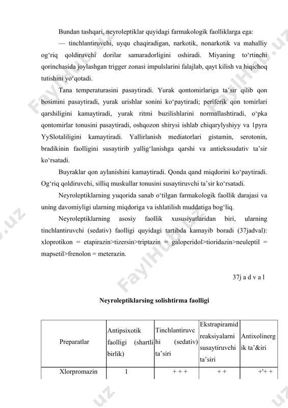 lari bosh miyaning turli qurilmalar ta’siriga bog‘liq masalan, galopyoridolga xos parkinsonga o‘xshash salbiy ta’siri uning striatumdagi dofaminergik qurilmalar ta’siriga bog‘liq bo‘lsa, limbik tizilma dofamin qurilmalariga ta’sir qiluvchi tioridazin parkinsonga xos belgilarsiz kuchli antipsixotik faollikka ega. bir xil kimyoviy guruhga kiruvchi neyroleptiklar uchun bir xil salbiy ta’sirlar xos. masalan, alifatik tuzilishga ega bo‘lgan aminazin uchun qon bosimining kamayishi, taxikardiya, shilliq pardalarning quruqshab qolishi kabi vegetativ buzilishlar xos bo‘lsa, pirazin unumlari (triptazin, etapirazin) va butirofenonlar (galoperidol, droperidol)ga vegetativ buzilishlar xos emas. quyida amaliyotda keng tarqalgan ba’zi bir neyroleptiklarning klinik farmakologiyasiii keltiramiz. aminazin (plegomazin, xlorpromazin) farmakodinamikasi. aminazinning psixotrop ta’siri taxminan yarim soatlardan keyis kuzatiladi: xavotirlanish, qo‘rquv, psixomotor zo‘riqishlar susayadi, gapirish kamayadi, biroz keyinroq harakatlar (jismoniy), zo‘riqishlarning kamayishi kuzatiladi. uyqu bosish, xotirjamlik kuzatiladi. davolash davomida (taxminan 1 haftalardan keyin) yuqorida aytilgan faolligi kuchayadi, kayfiyat susayishi kuchayadi. davolashning ma’lum bosqichida atrofga qiziqishning susayishi, ba’zan depressiya kuchayadi. davomli ishlatilganda parkinson kasalligiga xos simptomlar, harakatlarning susayishi, ichki …