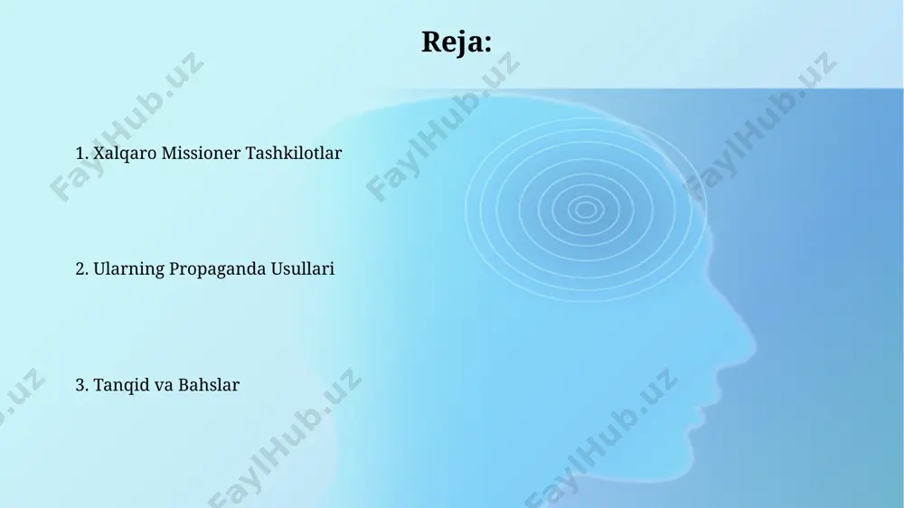 resurslari 20% ga o'sishi va bu mablag'larning 40%i yangi texnologiyalar va innovatsion targ'ibot usullariga sarflanishi kutilmoqda. kelajakdagi istiqbollar xalqaro missioner tashkilotlarning raqamli texnologiyalar, jumladan ijtimoiy tarmoqlar orqali 30% ga ko'paygan targ'ibot usullarini ko'rsatadi. zamonaviy texnologiyalardan foydalanish missionerlik tashkilotlari mobil ilovalar orqali, kuniga o'rtacha 20000 dan ortiq yangi foydalanuvchini jalb qilib, diniy ta'limotlarni samarali tarqatishda raqamli texnologiyalardan foydalanmoqda. video va audio materiallar, jumladan, 1000 dan ortiq guvohliklar va diniy qo'shiqlar, missionerlik faoliyatining global miqyosda tarqalishiga va ta'sirining kuchayishiga olib keladi. siyosiy taʼsir va geosiyosiy oʻyinlar baʼzi missioner tashkilotlarning moliyaviy resurslari va infratuzilmasi global miqyosda 5 milliard dollardan oshadi, bu ularga keng koʻlamli siyosiy taʼsir oʻtkazish imkoniyatini beradi. xalqaro missioner tashkilotlarning 20-asrning ikkinchi yarmidan boshlab geosiyosiy muhitdagi taʼsiri 30% ga oshgan, bu ularning siyosiy kuchlar bilan ittifoqlar tuzish strategiyasini koʻrsatadi. propaganada ishlatiladigan vositalar xalqaro missioner tashkilotlar 100 dan ortiq tillarda nashr etilgan adabiyotlar, shu jumladan, injilning tarjimalari va diniy traktatlar orqali targ'ibot …