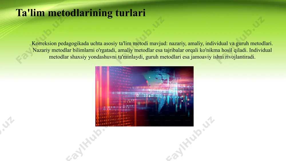 ilimlarni mustahkamlashda muhim rol o'ynaydi. to'g'ri tanlangan metodlar o'quv jarayonini yanada samarali va qiziqarli qiladi. xulosa ta'lim metodlari ta'lim jarayonining asosiy tarkibiy qismi bo'lib, o'quvchilarning o'qish motivatsiyasini oshirish va bilim olish jarayonini yanada samarali tashkil etish uchun zarurdir. ularning xilma-xilligi ta'limning sifatini oshirishga xizmat qiladi. didaktikaning ahamiyati ta'lim jarayonidagi roli didaktika ta'lim jarayonida muhim rol o'ynaydi, chunki u o'qitish va o'rganish jarayonlarini samarali tashkil etish uchun zarur bo'lgan nazariy asoslarni taqdim etadi. ta'lim jarayonida didaktika orqali o'quvchilarning bilim olish usullari va strategiyalari aniqlanadi, bu esa o'qituvchilarga o'z darslarini rejalashtirishda yordam beradi. ta'lim sifatini oshirish didaktikaning ta'lim sifatini oshirishdagi roli, o'qituvchilarning o'quvchilarga bilim berish jarayonini yanada samarali qilish imkonini beradi. o'qitish metodlari va vositalarini to'g'ri tanlash orqali, o'qituvchilar o'quvchilarning bilim olish imkoniyatlarini kengaytiradi va ta'lim jarayonining umumiy sifati oshadi. o'quvchilarning motivatsiyasi didaktika o'quvchilarning motivatsiyasini oshirishda ham muhimdir. qiziqarli va interaktiv darslar o'quvchilarning o'qishga bo'lgan qiziqishini oshiradi, bu esa ularning ta'lim jarayonidagi …