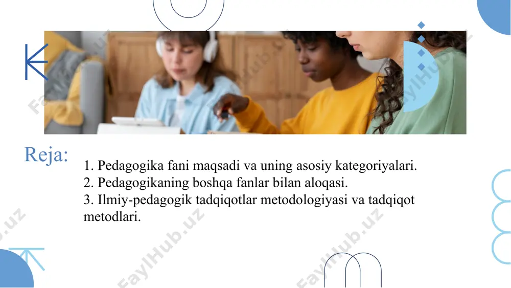 iyatga moslashishda yordam beradi. pedagogika fanining ob’yekti - yaxlit pedagogik jarayon. pedagogika fanining predmeti - ta’lim-tarbiya jarayoni, mazmuni, qonuniyatlari, tamoyillari, shakl, metod va vositalari. pedagogika fanining vazifalari. pedagogika fani shaxsni shakllantirishdek ijtimoiy buyurtmani bajarish asosida jamiyat taraqqiyotini ta’minlashga alohida hissa qo‘shadi. pedagogika fani maqsadi va vazifalarining belgilanishida ijtimoiy munosabatlar mazmuni, davlat va jamiyat rivojlanish strategiyasi, uning hayotida yetakchi o‘rin tutuvchi g‘oyalar mohiyati muhim ahamiyatga ega. o‘zbekiston respublikasida demokratik, insonparvar hamda huquqiy jamiyatni barpo etish sharoitida mazkur fan yuksak ma’naviy va axloqiy talablarga javob beruvchi yuqori malakali kadrlarni tarbiyalash tizimini ishlab chiqish, ilg‘ot xorijiy tajribalar asosida ta’lim va tarbiya nazariyasini rivojlantirish vazifasini hal etadi. mazkur jarayonda quyidagi vazifalarni bajarishga e’tibor qaratiladi pedagogika fanining asosiy kategoriyalari bizga yaxshi ma’lumki, har bir fan o‘zining tayanch tushunchalari, qonuniyatlari, tamoyillari, qoidalari tizimiga ega. aynan mana shu holat uning fan sifatida e’tirof etilishini kafolatlaydi. fanning mohiyatini ochib beruvchi eng muhim, asosiy tushuncha kategoriya deb ataladi. pedagogika …