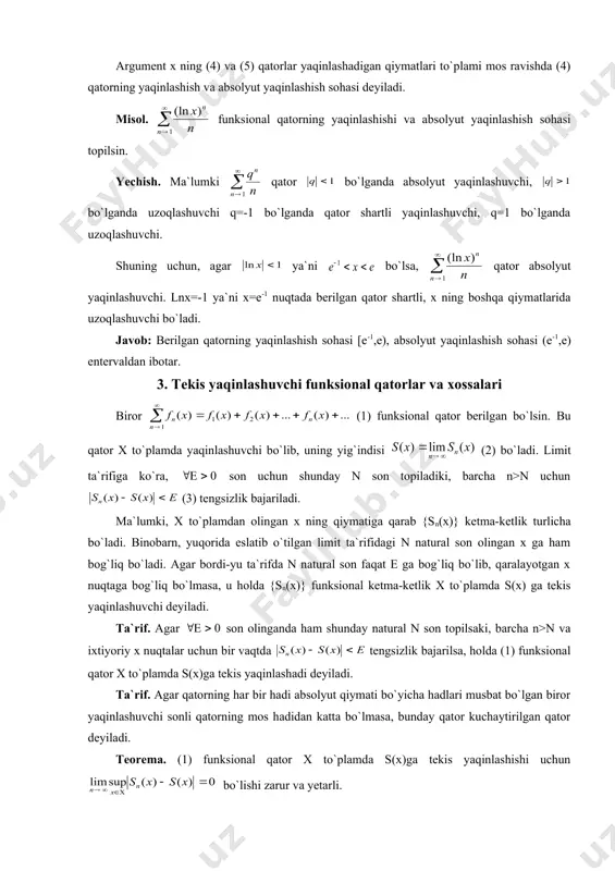 a1(x-x0)+a2(x-x0)2+…+an(x-x0)n+… (1) yoki a0+a1x+a2x2+…+anxn+… (2) ko`rinishdagi funksional qator darajali qator deyiladi, bunda ak(k=0,1,2,…) o`zgarmas sonlar darajali qatorning koeffitsentlari deyiladi. teorema (abel teoramasi). 1) agar (2) darajali qator noldan farqli biror x0 qiymatda yaqinlashuvchi bo`lsa x ning tengsizlikni qanoatlanturuvchi har qanday qiymatlarida (2) qator absolyut yaqinlashuvchi bo`ladi. 2) agar (2) qator x1 qiymatda uzoqlashuvchi bo`lsa, x ning tengsizlikni qanoatlantiruvchi har qanday qiymatlarida (2) qator uzoqlashuvchi bo`ladi (isboti [1], 110-111 betlar) teorema. darajali qatorning yaqinlashish sohasi markazi koordinatalar boshida bo`lgan intervaldan iboratdir. ta`rif. darajali qatorning yaqinlashish intervali deb – rdan r gacha bo`lgan shunday intervalda aytiladiki, bu interval ichida yotgan har qanday x nuqtada qator yaqinlashadi, shu bilan absolyut yaqinlashadi, uning tashqarisidagi x nuqtalarda esa qator uzoqlashadi (2-chizma). r soni darajali qatorning yaqinlashish radiusi deyiladi. 2-chizma. ba`zi qatorlarning yaqinlashish intervali nuqtaga aylanishini (r=0), ba`zilarida esa 0x o`qni butunlay o`z ichiga olishini (r= ) aytib o`tamiz. endi darajali qatorning yaqinlashish radiusini aniqlash usulini …