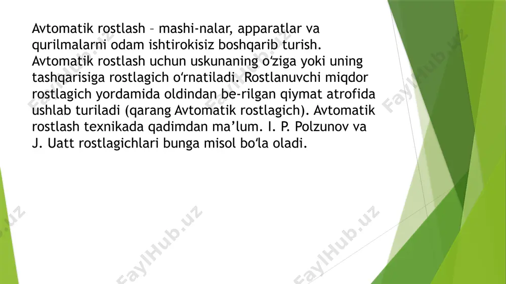 oladi: 1. suv iste'molini avtomatik ravishda boshqarish: avtomatik boshqarish suv taminoti, suv iste'moli darajasini avtomatik ravishda tekshirib, to'xtatish yoki o'stirish mumkin bo'lgan tuzilmalarni o'z ichiga oladi. 2. tuzilma qo'llab-quvvatlash: taminot, suv tizimining tuzilma komponentlarini boshqarib, ularni avtomatik ravishda ishlatish orqali suvni qulay va samarali shaklda ta'minlash imkoniyatini yaratadi. 3. texnikaviy boshqaruv: boshqa texnikaviy tuzilma va qurilmalar bilan integratsiya qilinib, suv taminotini boshqarishda yuqori darajada avtomatizatsiya amalga oshiriladi. . energetika samaradorligi: avtomatik boshqarish suv taminotlari o'z ichiga energiya samaradorligini oshirish uchun qo'llanilgan texnologiyalardan foydalanadi. ushbu taminotlar, suvni samarali va muvofiqli ravishda ta'minlash uchun innovatsion texnologiyalardan foydalanib, iste'molchilarga yaxshi xizmat ko'rsatish maqsadida ishlab chiqiladi. vtomatik rostlagich suv taminotlari turli turlardagi suvni avtomatik ravishda boshqarib olish uchun ishlab chiqiladi. turli sohalarda foydalanish maqsadida, ular quyidagi turllarga bo'linadi: 1. avtomatik irrigatsiya taminotlari: bu taminotlar qishloq xo'jaligida, bag'larda yoki mevalarni o'sish mumkin bo'lgan joylarda suvni avtomatik ravishda ta'minlash uchun ishlatiladi. 2. shahar suv taminotlari: shuningdek, …