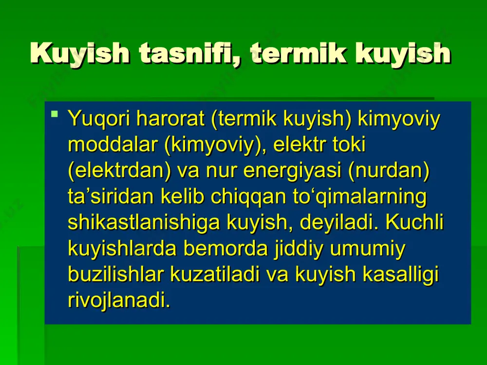 qiqa o‘tgach, ba’zan esa, ertasiga paydo bo‘lishi mumkin. terining yuza qatlami (epidermal) qavati jonsizlanadi. pufak yorilganda terining tiniq qizil so‘rg‘ichsimon qavati ko‘rinadi. kuyish asoratsiz o‘tganda 4-6-kunga kelib, pufakchadagi suyuqlik so‘rilib ketadi. yangi yosh epidermis awaliga pushtirangli va oson shikastlanadigan bo‘lib qoladi. 10-15 kun o‘tgach, bemor batamom tuzaladi. pufakchalarga infeksiya tushganda tiklanish protsesslari keskin buziladi va kuygan soha asta-sekin anchagina muddatdan keyin tuzaladi. iii darajali kuyishda terining hamma qatlamlari nekrozga uchraydi (jonsizlanadi). teri hujayralaridagi oqsil va qon ivib, qattiq po‘stloq hosil qiladi, po‘stloq ostida shikastlangan va jonsizlangan to‘qimalar bo‘ladi. uchinchi darajali kuygan soha chandiq bo‘lib, ikkilamchi tartibda bitadi. shikastlangan joyda granulatsion to‘qima rivojlanadi, u biriktiruvchi to‘qima bilan almashinib, chuqur joylashgan yulduzsimon chandiq hosil qiladi. iv darajali kuyish (ko‘mirlanish) to‘qimaga juda yuqori harorat (volt yoyi alangasi, erigan metall) ta’sirida paydo bo‘ladi. bu kuyishning eng og‘ir shakli, bunda teri, muskullar, paylar, suyaklar va boshqalar shikastlanadi. kuyishning iii va iv darajasi sekin bitadi va …