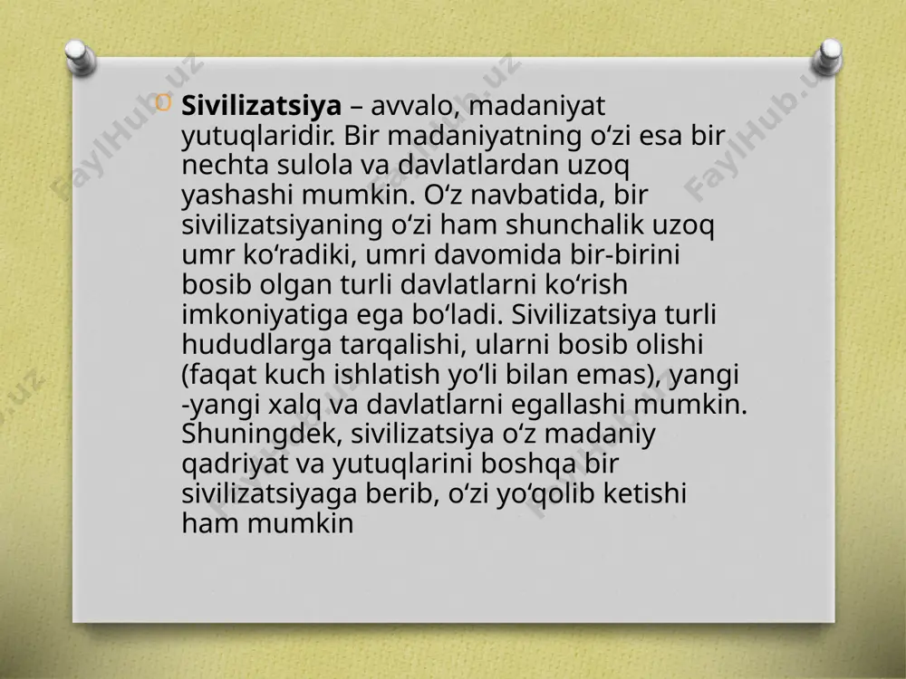 jo-daro bir necha o`n ming kishi yashaydigan 2 kv. km. maydondan iborat. to’g`ri ko`chalar o’n metrgacha kenglikda ko’rilgan. uylar 2 qavatli, kanalizatsiyaga ega. shahar hunarmandchiligi to’g`risida aniq tasavvur hosil qilish mumkin. kulolchilik, to`qimachilik yuqori darajada rivojlangan. haykalchalar kichik hajmda, hokim-koxin, yalang`och ayolning (raqqosa deb taxmin qilinadi), jez haykalchalari topilgan. ikki to’g`ri burchakli muxrlar topilib, ularning ko’pchiligida mifologik manzaralar tasviri tushirilgan. bu yerda topilgan boshqa muxrlarga o`xshash buyumlar hind vodiysidan uzoq bo’lgan baxreyn orollari, mesopotamiyadan, eron va turkmanistondan topilgan. e’tiboringiz uchun rahmat! image3.jpeg image4.png image5.png image6.png image7.png image8.png image9.png /docprops/thumbnail.jpeg