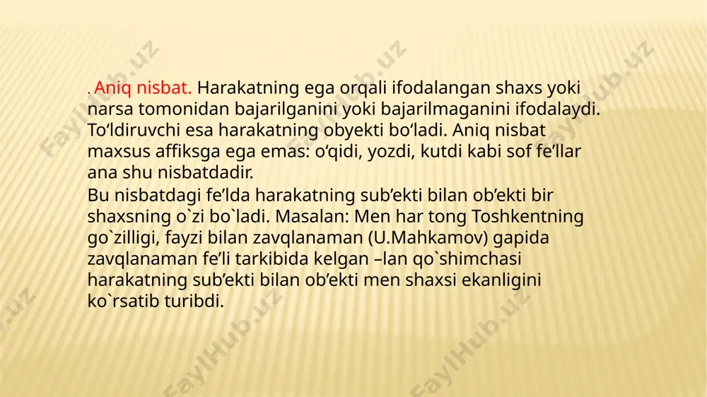 di) harakat nomi (ot so`z turkumi singari ega, ot-kesim, qaratqich aniqlovchi, to`ldiruvchi bo`lib keladi) sof fe’l deb zamon, shaxs-son, mayl qo`shimchasini olgan fe`llarga aytiladi: bugun bizni televizorda ko`rsatishdi. biz bundan juda mamnun bo`ldik. tutgan ro`zalarimiz dargohida qabul bo`lsin. ravishdosh fe`lning ravishga xoslangan shakli bo`lib, ravish singari harakat bildiruvchi so`zga bog`lanadi va uning belgisini bildirib keladi. ravishdosh quyidagi turlarga bo`linadi: holat ravishdoshi-harakat-holatning qay holatda bajarilishini bildiradi. quyidagi qo`shimchalar orqali hosil bo`ladi. qay holda? qanday? qay vaziyatda kabi so`roqlarga javob bo`ladi: -(i)b doskaga qarab o`tiring. voqeani kulib gapirib berdi. –gancha binoga angrayib qaradi. –(a)y o`qiy-o`qiy charchab uxlab qoldi. –may (-masdan) haydovchi yo`ldan ko`z uzmay ketishi mumkin emas. 2. payt ravishdoshlari: harakat-holatning bajarilish vaqtini bildirib, qachon? so`rog`ini oladi: qo`shimchalari: –gach (-kach,-qach) ramazon kelgach, hamma o`zgacha kayfiyatga beriladi. –guncha (-kuncha,-quncha) quyosh chiqquncha ko`p narsaga ulgurishimiz kerak. 3. maqsad ravishdoshi: harakatning bajarilish maqsadini bildiradi, nega? nima maqsadda? so`roqlarini oladi. –gani(-kani, -qani) qo`shimchalari orqali yuzaga keladi: …