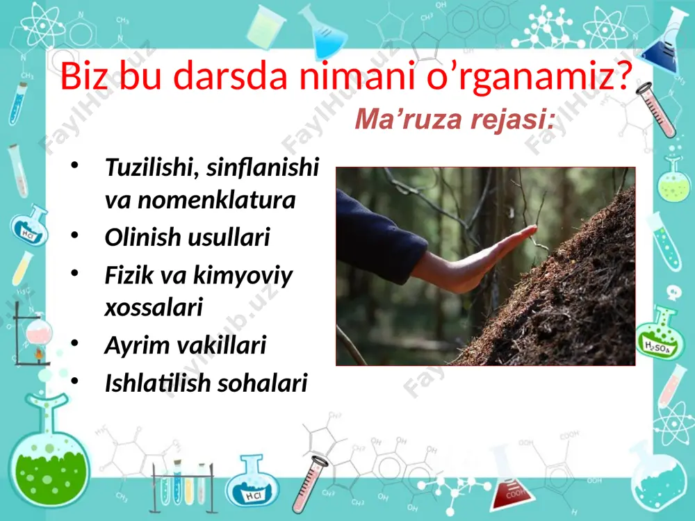 alarning ishlatilish sohalari gerbitsid kontservant parfumeriya, kosmetika kim birinchi bor kislotalarni olgan? sirka kislota сн3соон – 8 asrdan beri bizga ma’lum suvsiz sirka kislotani – 1789yili., toviy yegorovich lovits, aktiv ko’mirdan olgan сн3 - соон bo’yoq sintezida (indigo) tibbiyot preparatlari sintezida murakkab efirlar sintezida konservant 2,4 - д organik shisha atsetat tolalar yonmaydigan kinoplyonkalar uyga vazifa quyidagi birikmalarni iyupak sistemasi bo‘yicha nomlang: organik kimyoni o’qing!!! etiboringiz uchun raxmat 20 20 image2.jpeg image3.jpeg image4.png image5.jpeg image6.jpeg image7.jpeg image8.png image9.jpeg image10.jpeg image11.png image12.wmf image13.png image14.gif image15.wmf image16.jpeg image17.png image18.png image19.png image20.png image21.png image22.png image23.png image24.png image25.jpeg image26.jpeg image27.jpeg image28.jpeg image29.jpeg image30.jpeg image31.jpeg image32.jpeg image33.jpeg image34.jpeg image35.png image36.jpeg image37.jpeg image38.jpeg image39.jpeg image40.jpeg image41.jpeg image42.png image43.jpeg image1.jpeg – c o oh – c o oh /docprops/thumbnail.jpeg
