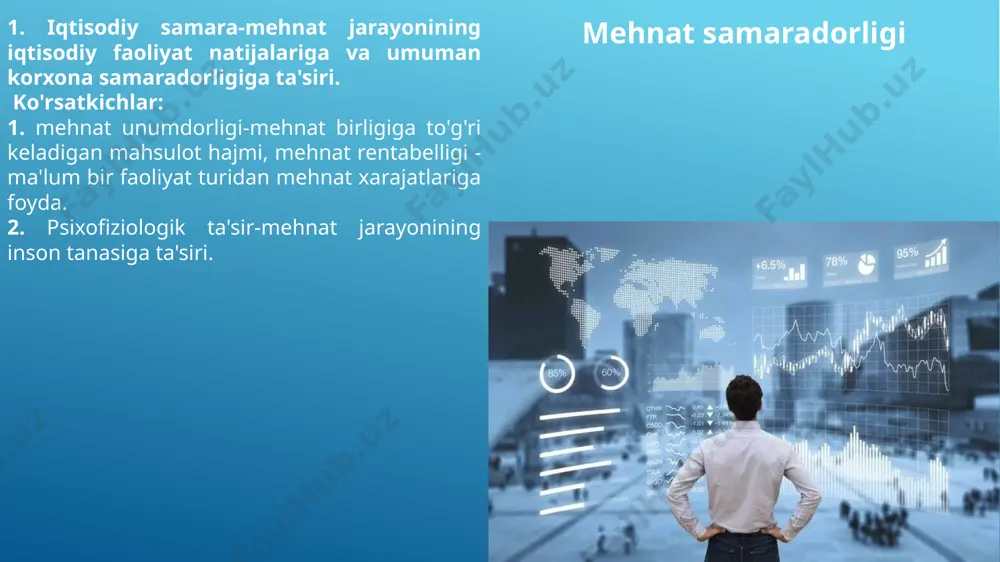 ng umumiy iqtisodiy holatiga  kreditlar, qarzlar-bularning barchasi hosildorlikni pasaytirishi mumkin. mehnat unumdorligini oshirish omillarining tasnifi mahalliy darajada: global miqyosda-umuman sanoat: - mamlakat aholisi. – uning mehnat qobiliyati va bandlik darajasi mahalliy-alohida bo'g'in (sanoat korxonasi): – olingan ishlab chiqarish ko'nikmalari, – malaka, – yoshi, ish tajribasi, – ishchilarning mavjud an'analari, - xodimlarning o'z korxonalarida mehnat unumdorligining tegishli darajasini saqlab qolishdan manfaatdorligi va boshqalar. 2. mehnat unumdorligiga ta'sir qiluvchi ijtimoiy-iqtisodiy omillar nafaqat shaxsiy va texnik xususiyatga, balki ijtimoiy-iqtisodiy xususiyatga ham ega. "ijtimoiy omil" tushunchasining o'zi ijtimoiy tizimni rivojlantirish harakatlantiruvchi kuchlarining asosiy tomonlarining o'ziga xos xususiyatlari bilan bog'liq: davlat mulki ustun bo'lgan bozor yoki tartibga solinadigan iqtisodiyotni boshqarish; demokratik, fuqarolik yoki totalitar jamiyatni qurish; paydo bo'layotgan ijtimoiy mojarolarni hal qilishda ijtimoiy sheriklik tamoyillari yoki sof shaklda ma'muriyat va boshqalar. 3. intensivlikka ko'ra, intensiv omillar – o'rtacha soatlik ish ishlab chiqarishning statistik qiymati; va keng omillar – statistik qiymat: – ish kunining o'rtacha …