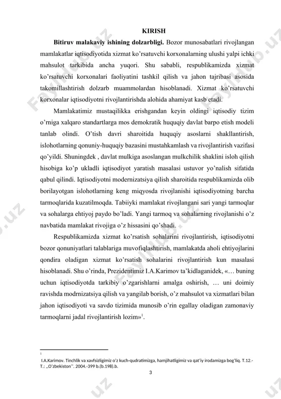 kunda 52 foizdan ziyodni tashkil etmoqda»[footnoteref:2] [2: o’zbekiston respublikasi prezidenti islom karimovning 2012-yilda mamlaktimizni ijtimoiy-iqtisodiy rivojlantirish yakunlari hamda 2013-yilga mo’ljallangan iqtisodiy dasturning eng muim ustuvor yo’nalishlariga bag’ishlangan vazirlar mahkamasining majlisidagi ma’ruzasi.] xizmat ko’rsatuvchi korxonalarni tashkil etish va ularni yuritishdan asosiy maqsadi foyda olish bilan birgalikda, bu aholini ishsiz qatlamini ish bilan ta’minlashdan iboratdir. albatta bunday korxonalar iqtisodiyotning yetakchi sohasi hisoblanadi. mamlakatning asosiy makroiqtisodiy ko’rsatkichlarida ishsizlik darajasi va ish bilan ta’minlanganlik darajasi ham hisobga olinadi. shunday ekan ana shunday aholiga ham xizmat ko’rsatuvchi, ham aholini ish bilan ta’minlovchi korxonalarning tashkil etilishi ijobiy holdir. xizmat ko’rsatuvchi korxonalar bugungi mamlakatizning ajralmas qismiga aylanib bormoqda. chunki mamlakatimiz yalpi ichki mahsulotida xizmat ko’rsatish sohasi asosiy qismni egallaydi. hayotimiz qancha rivojlangani sari xizmat ko’rsatish sohasiga talab ortib boraveradi. insonlarning hayoti qancha yengilashgani sari insonlar undanda yengiliga harakat qilaveradi. shunday ekan bugungi kunda xizmat ko’rsatish sohasini yangilash va modernizatsiya qilish, yangi-yangi sohalarni o’ylab topish bugungi kunning asosiy …